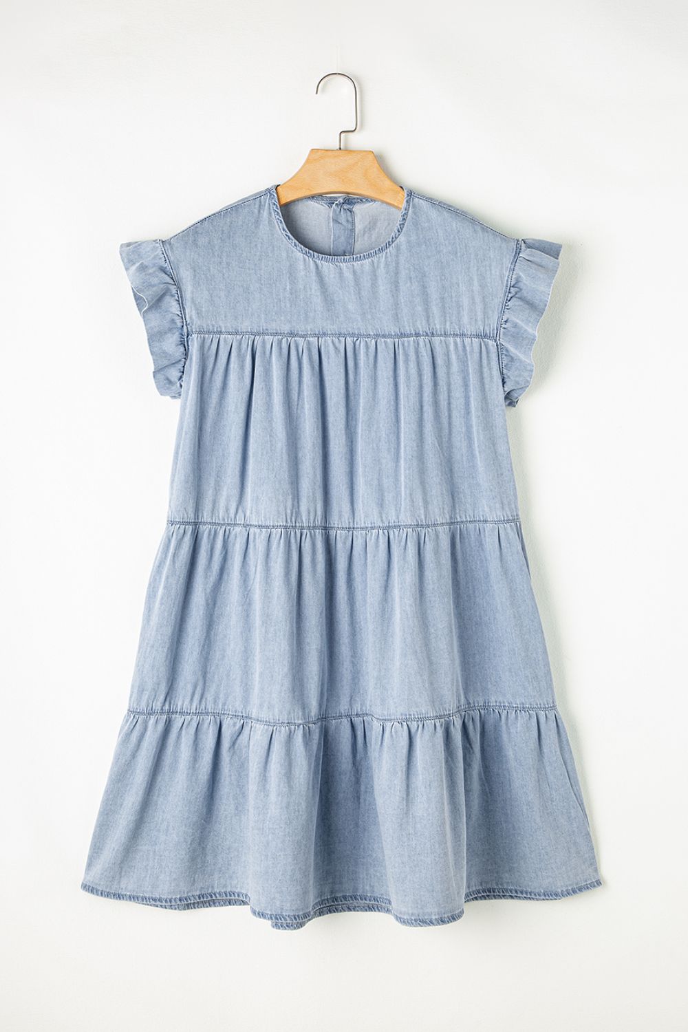 Ruffled Round Neck Cap Sleeve Denim Dress-TOPS / DRESSES-[Adult]-[Female]-2022 Online Blue Zone Planet