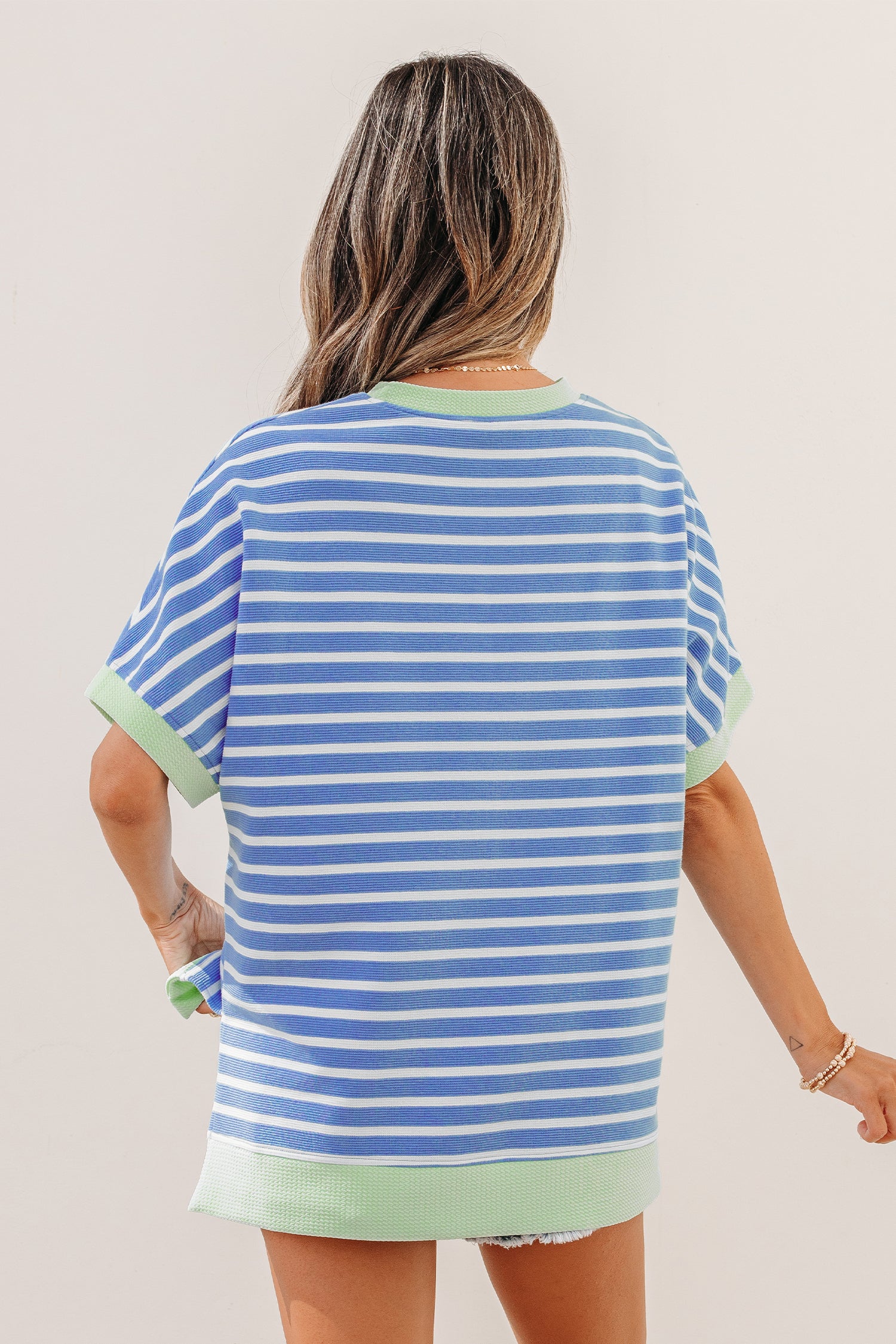 Pink Stripe Contrast Trim Loose Short Sleeve Top-Tops/Tops & Tees-[Adult]-[Female]-2022 Online Blue Zone Planet