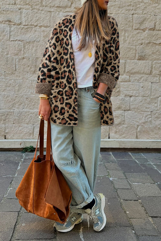 Brown Leopard Open Casual Cardigan-Sweaters & Cardigans/Cardigans-[Adult]-[Female]-Brown-S-2022 Online Blue Zone Planet