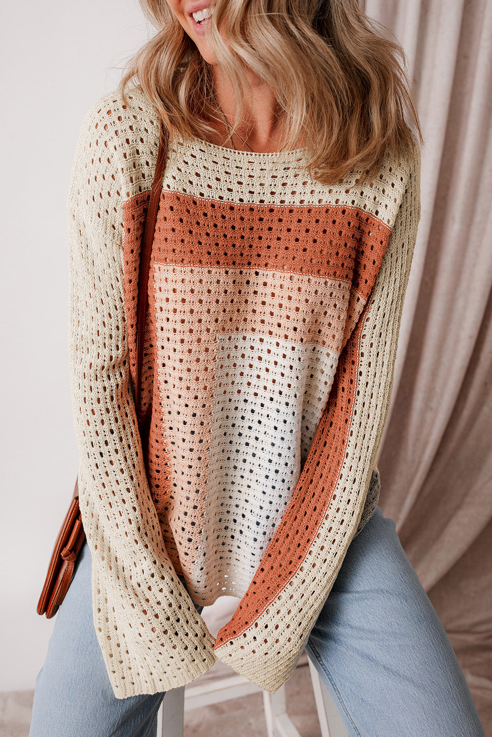Apricot Pointelle Knit Colorblock Baggy Sweater-Sale (50% OFF)/30% OFF-[Adult]-[Female]-Apricot-S-2022 Online Blue Zone Planet