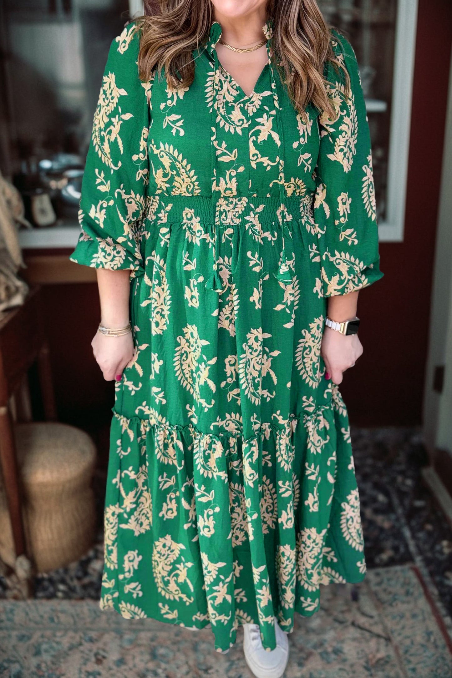 Green Floral Print V Neck Shift Dress Plus Size Dress