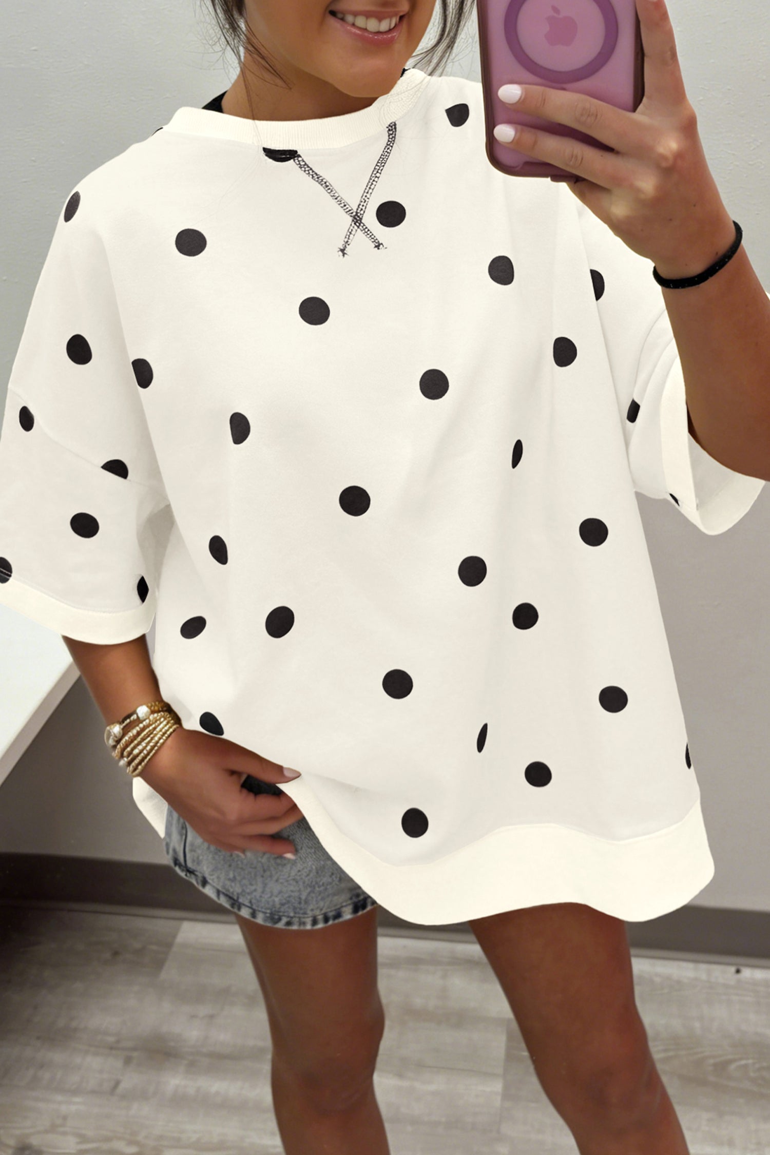 Beige Polka Dot Print Crossed Seam Detail Oversize Tee-Tops/Tops & Tees-[Adult]-[Female]-2022 Online Blue Zone Planet