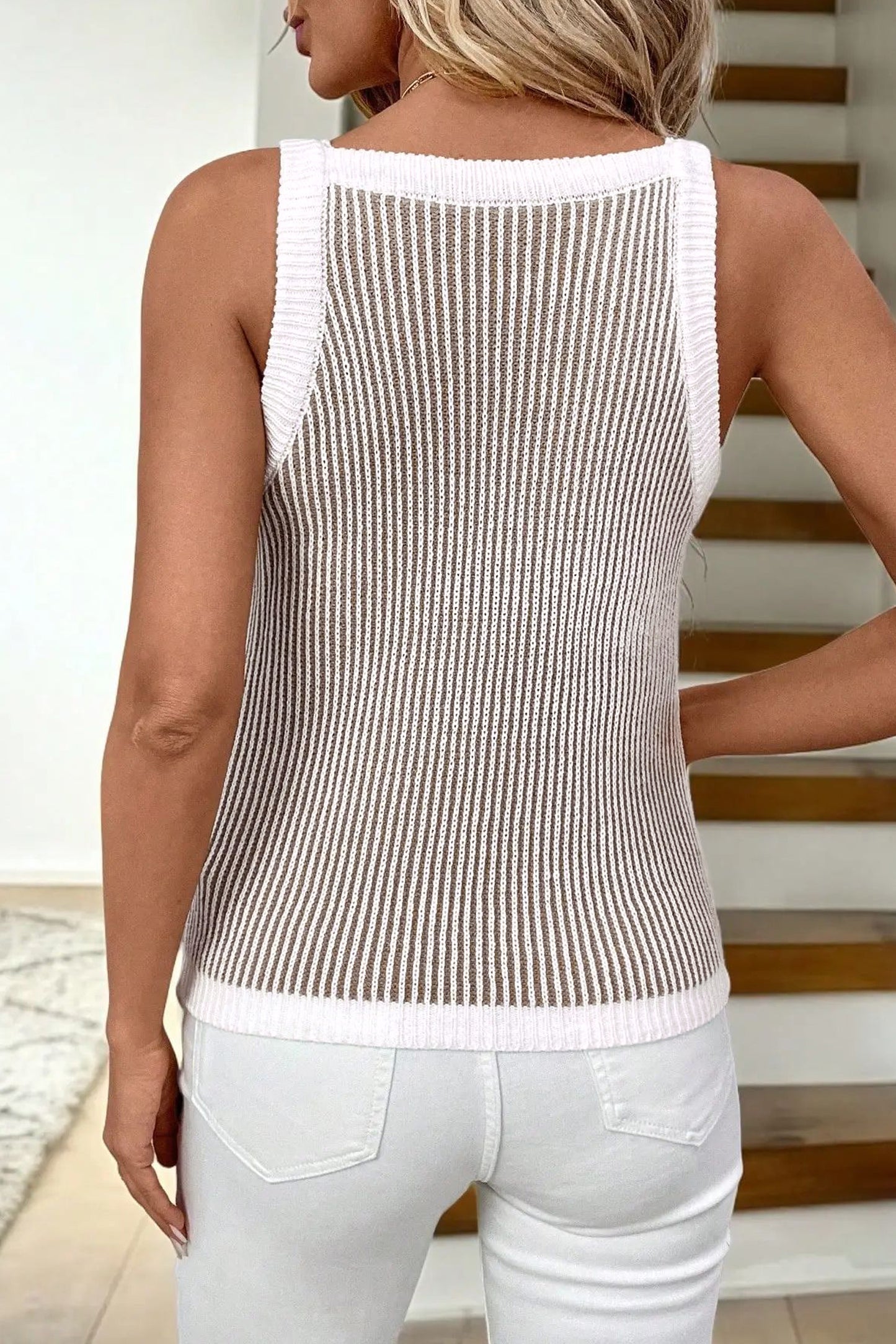 Pale Khaki Contrast Trim Ribbed Knit Sweater Tank Top-Sweaters & Cardigans/Sweater Vests-[Adult]-[Female]-2022 Online Blue Zone Planet