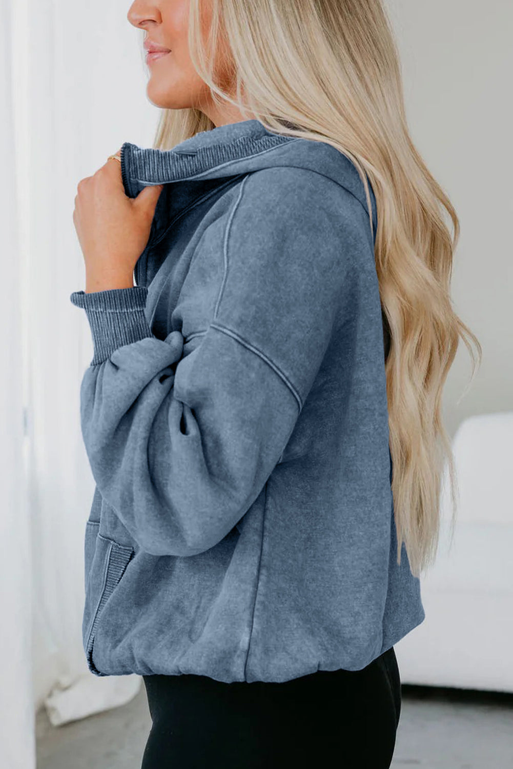 Ashleigh Blue Half Zip Kangaroo Pocket Mineral Wash Baggy Hoodie-Tops / Dresses-[Adult]-[Female]-2022 Online Blue Zone Planet