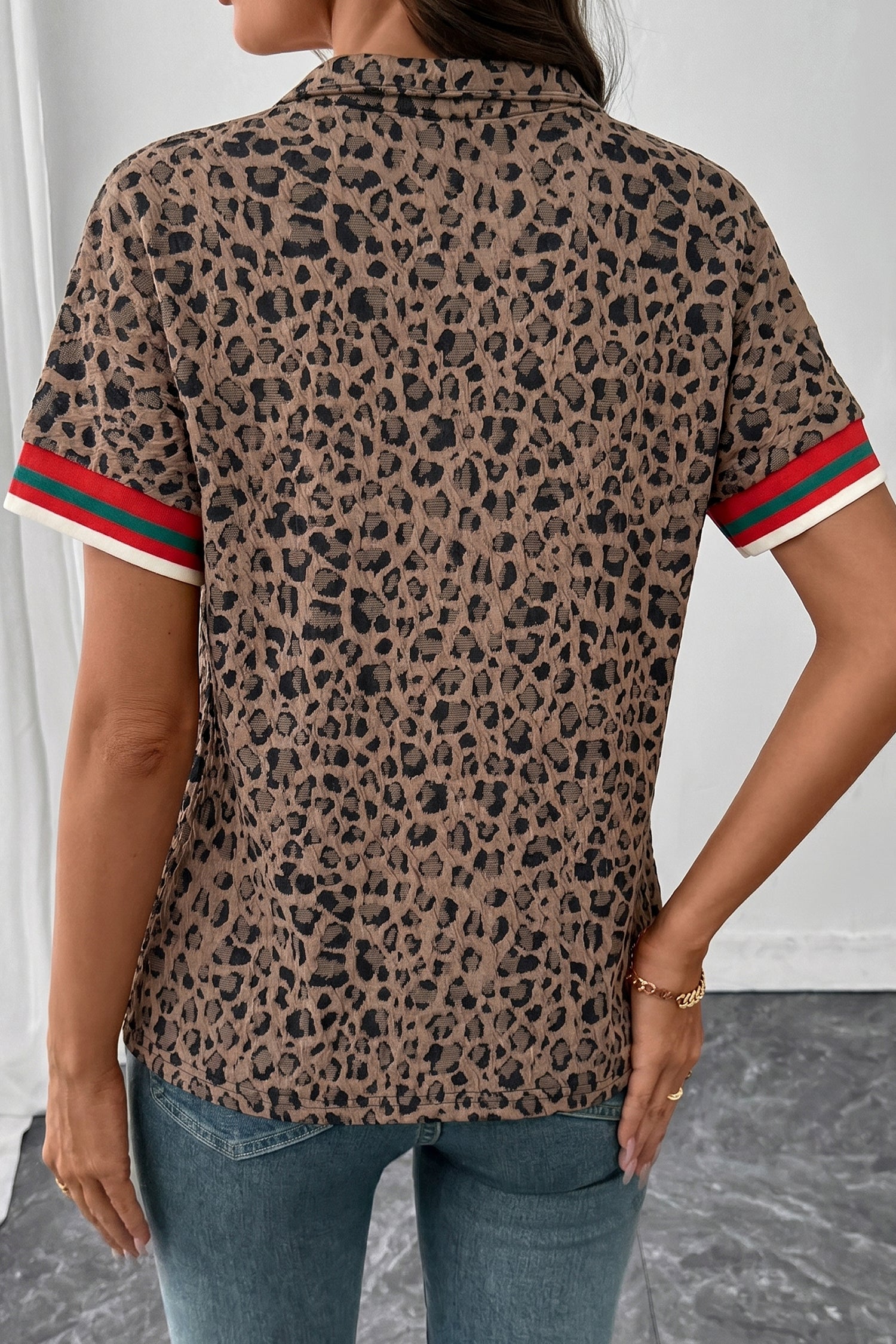 Brown Leopard Jacquard Striped Patchwork Half Zip Short Sleeve Blouse-Tops/Blouses & Shirts-[Adult]-[Female]-2022 Online Blue Zone Planet