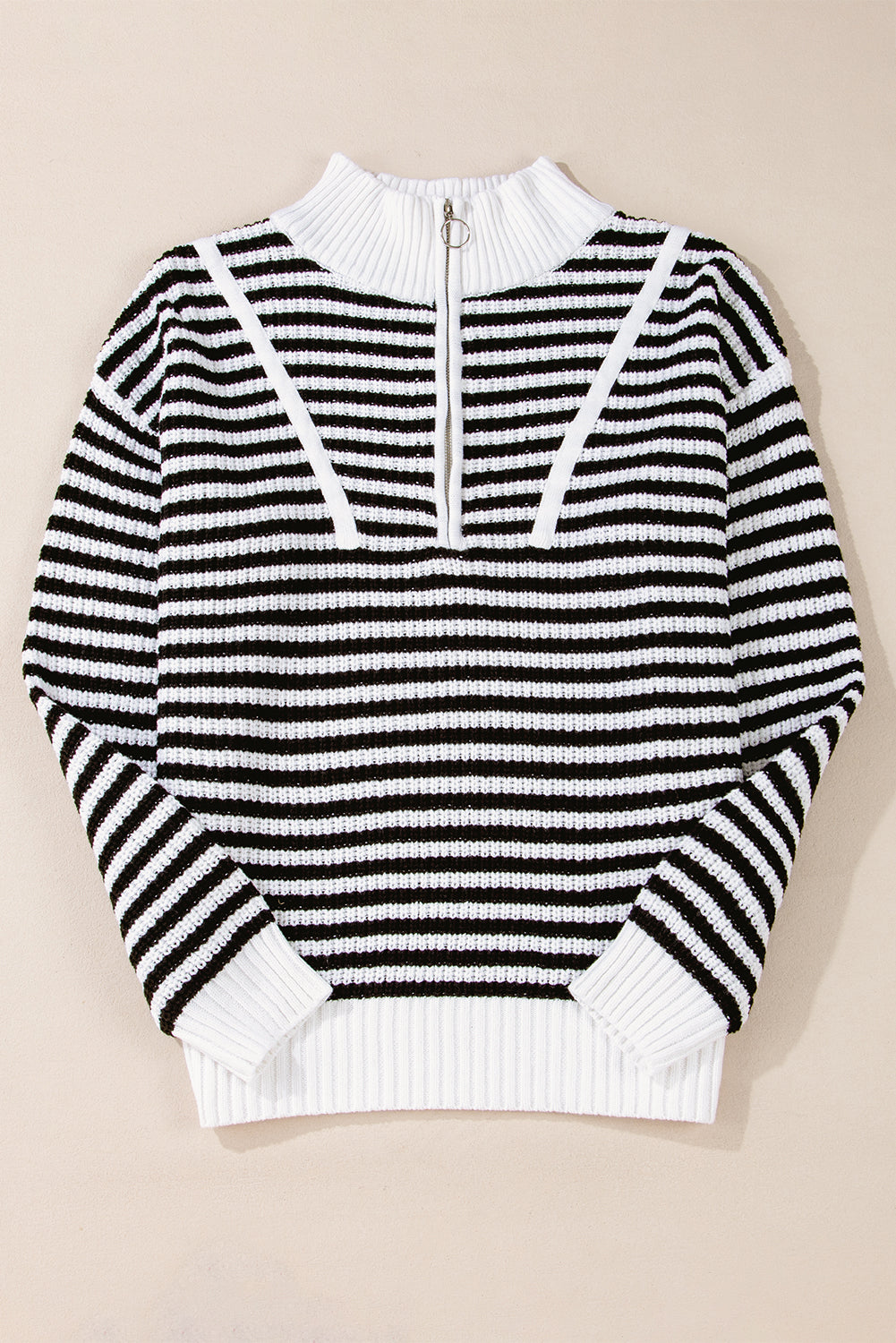 Blue Zone Planet | Black Stripe Zip up Collar Drop Shoulder Sweater-Sweaters & Cardigans/Sweaters-[Adult]-[Female]-2022 Online Blue Zone Planet