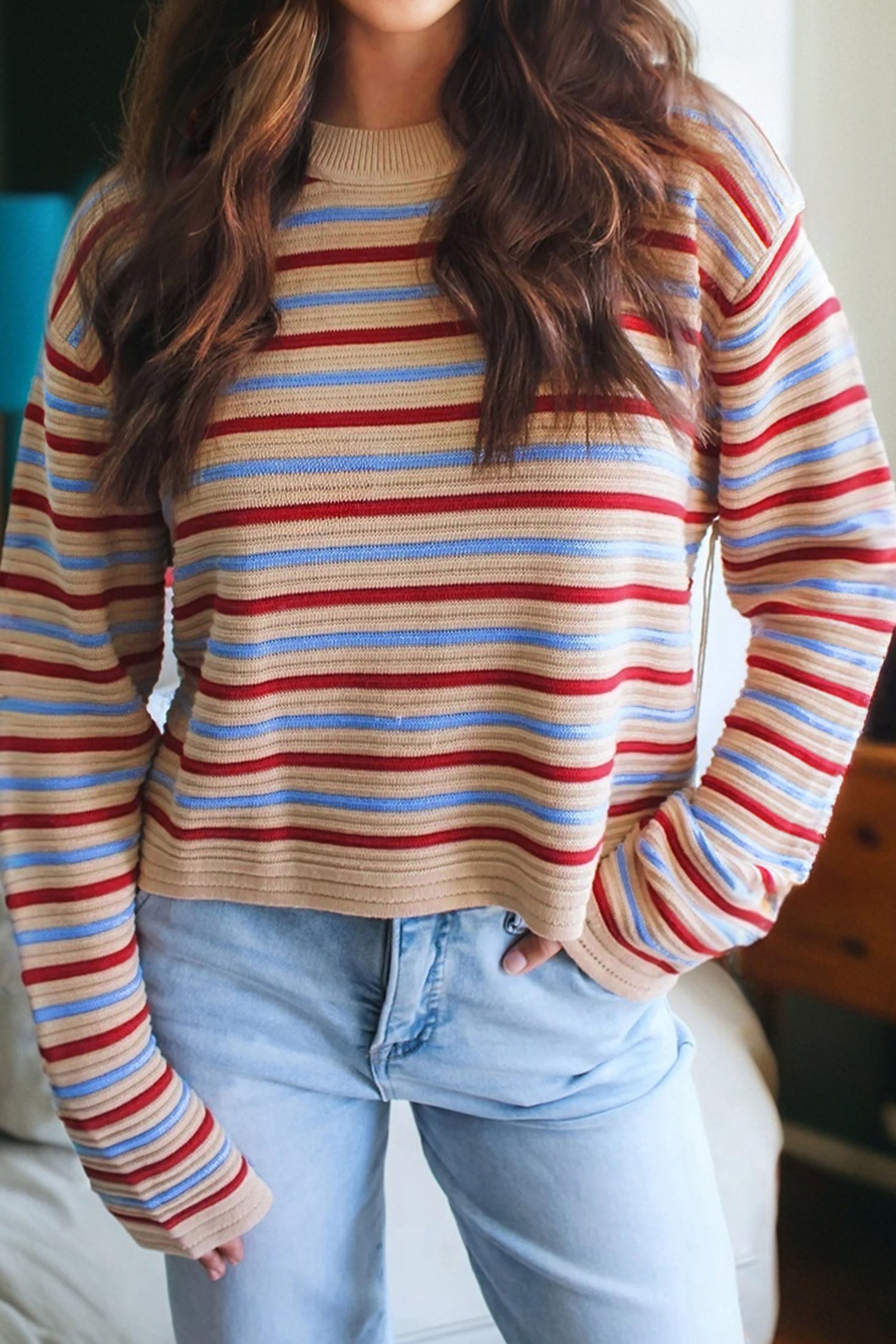 Khaki Stripe Drop Shoulder Cropped Long Sleeve Fall Sweater-TOPS / DRESSES-[Adult]-[Female]-2022 Online Blue Zone Planet