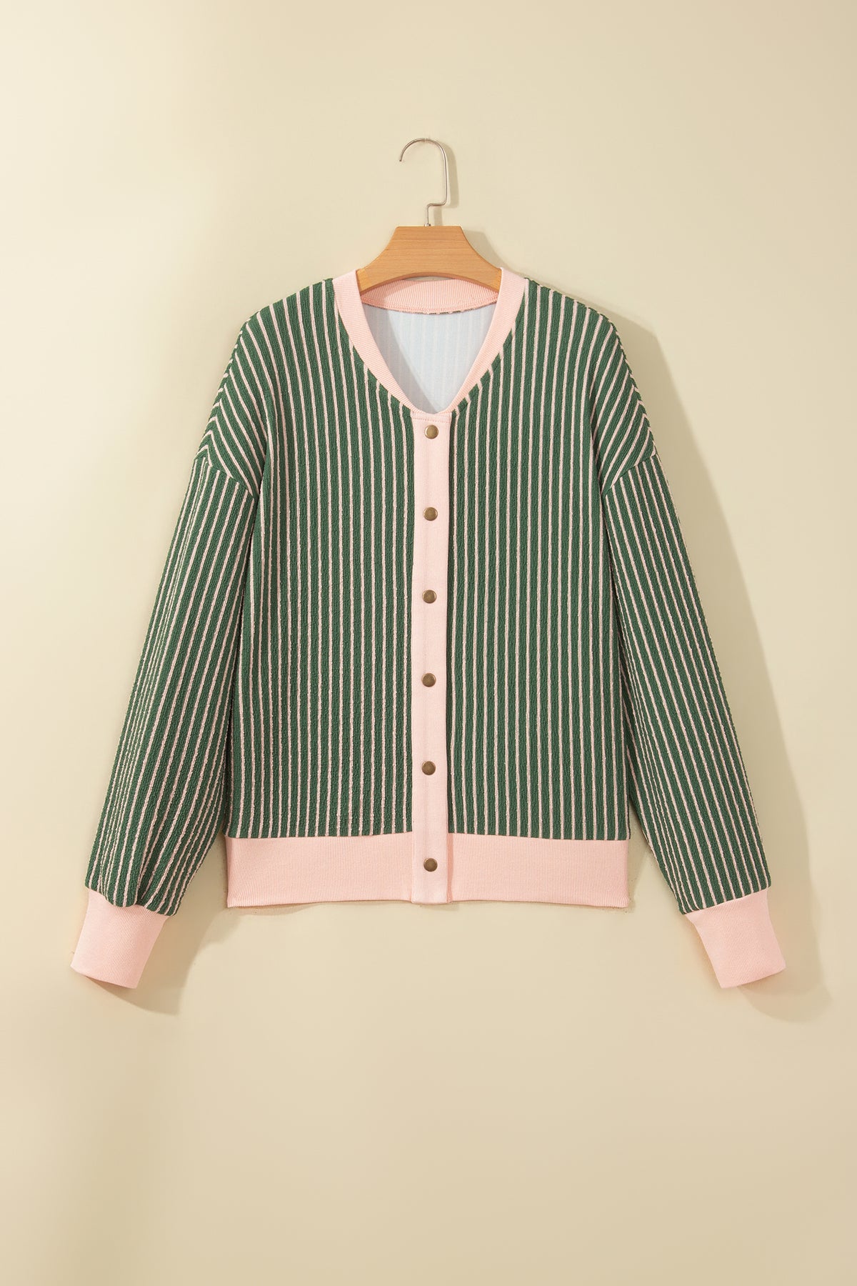 Green Stripe Striped V Neck Patchwork Long Sleeve Regular Fit Cardigan-Sweaters & Cardigans/Cardigans-[Adult]-[Female]-2022 Online Blue Zone Planet