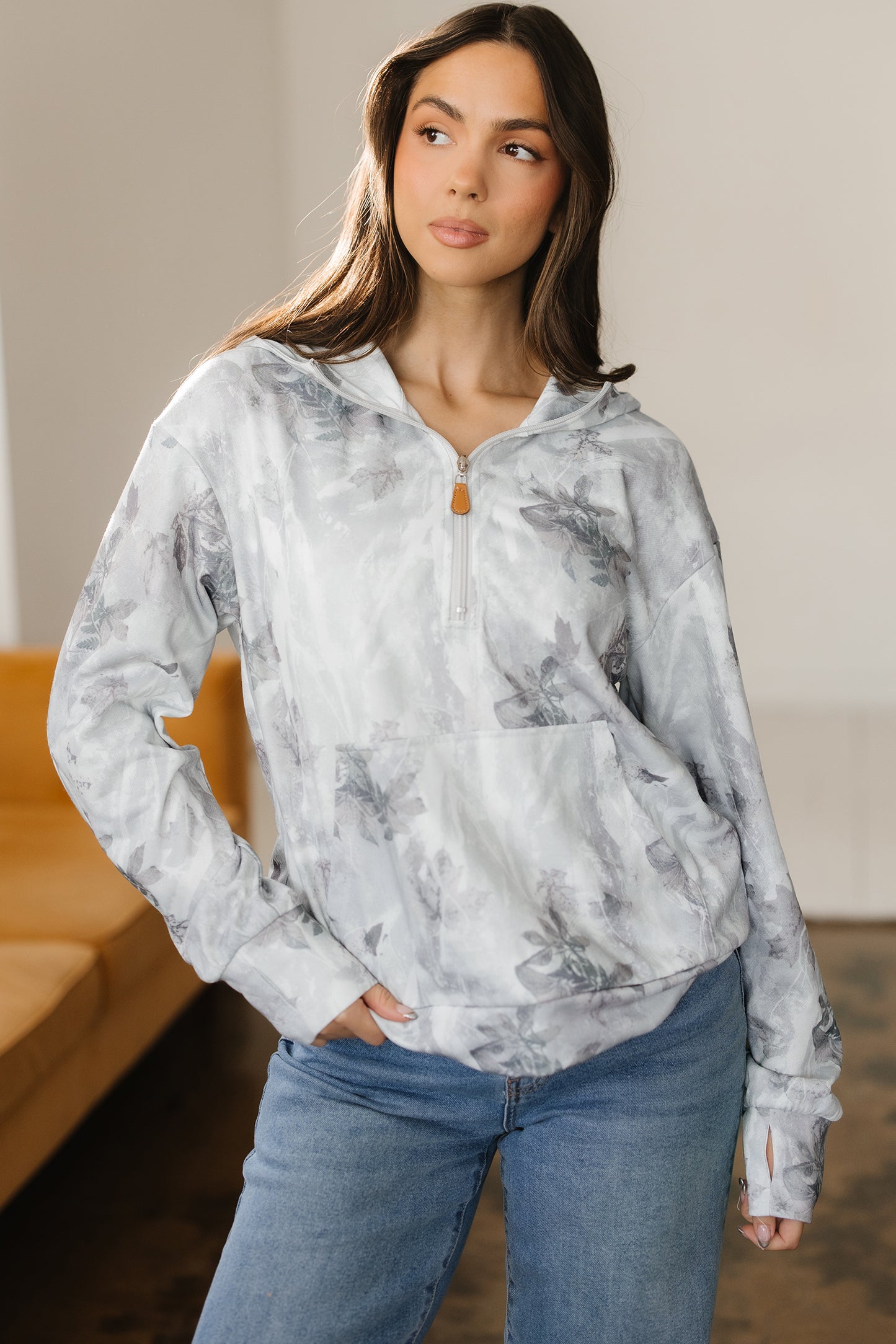 Gray Camo Leaf Print Kangaroo Pocket Quarter Zip Hoodie-Tops / Dresses-[Adult]-[Female]-2022 Online Blue Zone Planet