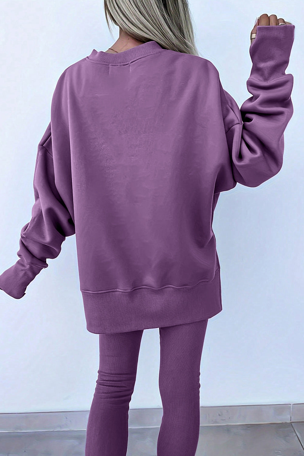 Orchid Mist Solid Color Oversize Slit Sweatshirt Ribbed Leggings 2pcs Set-Two Piece Sets/Pant Sets-[Adult]-[Female]-2022 Online Blue Zone Planet