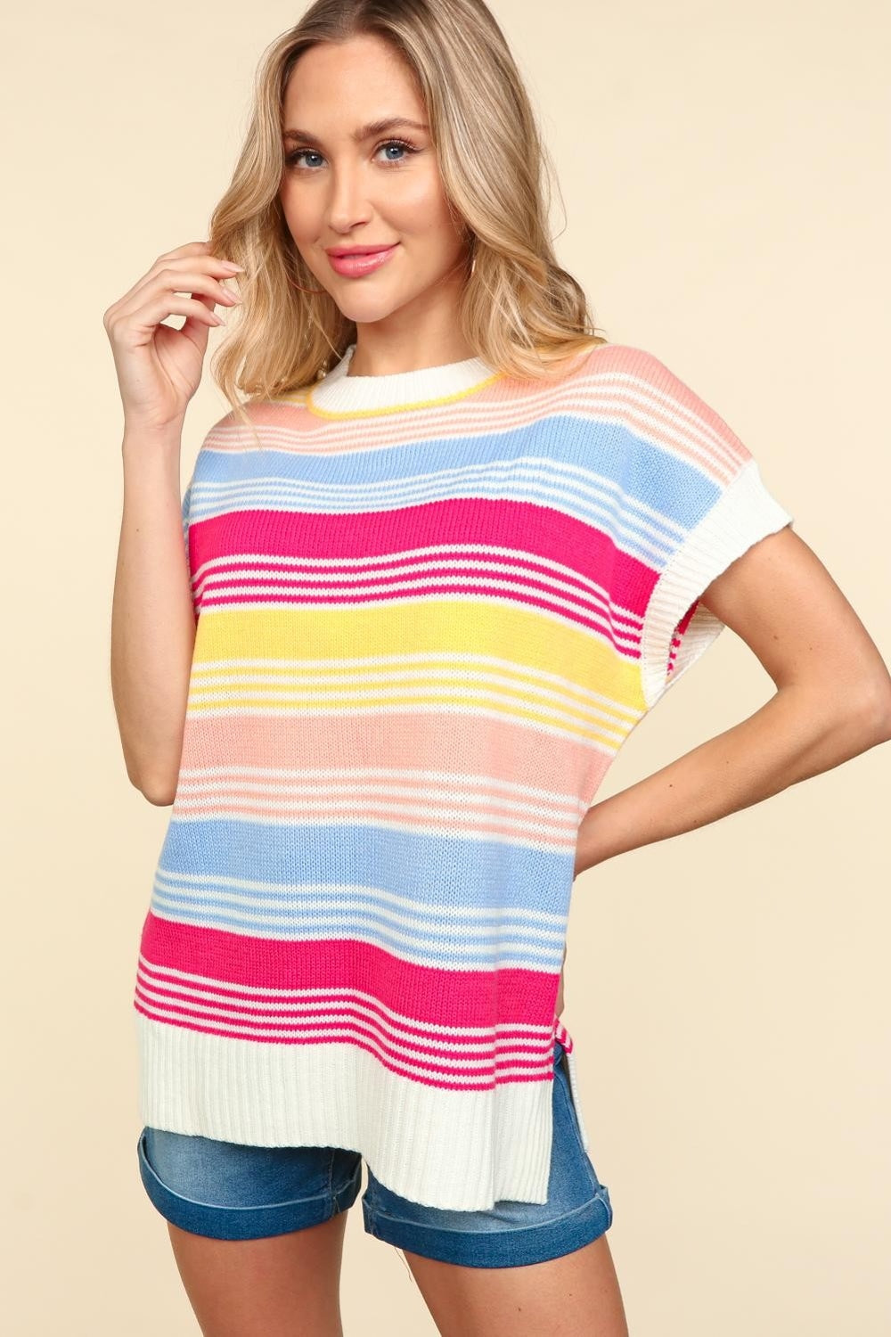 Haptics Striped Side Slit Short Sleeve Knit Top-TOPS / DRESSES-[Adult]-[Female]-Blue/Fuchsia/Yellow-S-2022 Online Blue Zone Planet