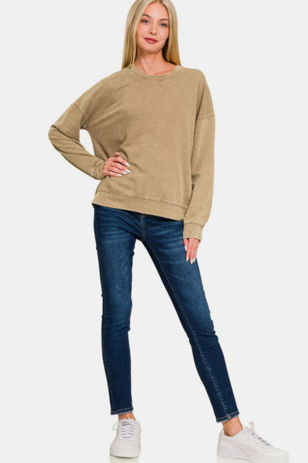 Blue Zone Planet | Zenana Washed Round Neck Dropped Shoulder Sweatshirt-TOPS / DRESSES-[Adult]-[Female]-2022 Online Blue Zone Planet