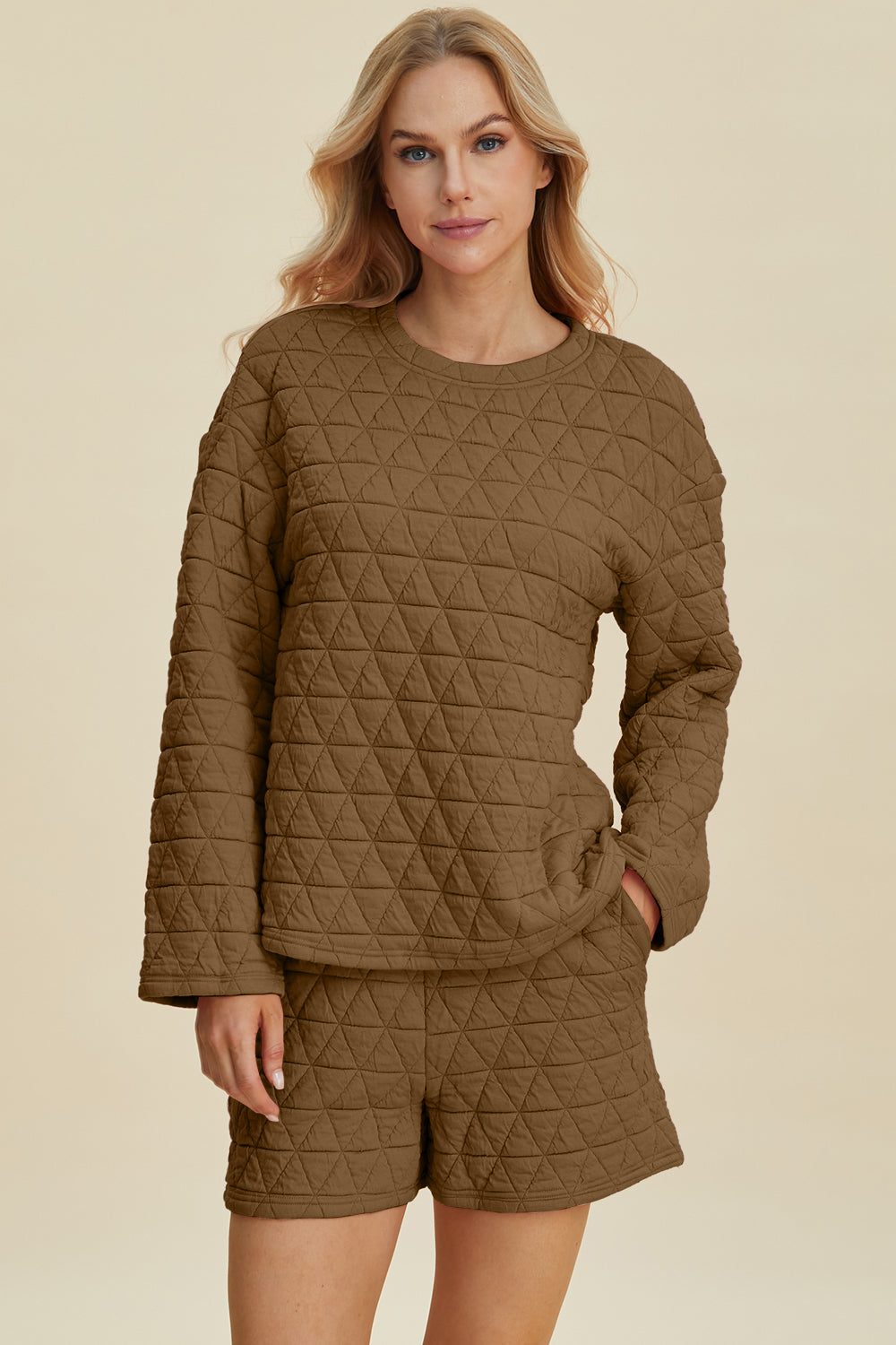 Blue Zone Planet | Double Take Full Size Texture Round Neck Long Sleeve Top and Shorts Set-TOPS / DRESSES-[Adult]-[Female]-Coffee Brown-S-2022 Online Blue Zone Planet