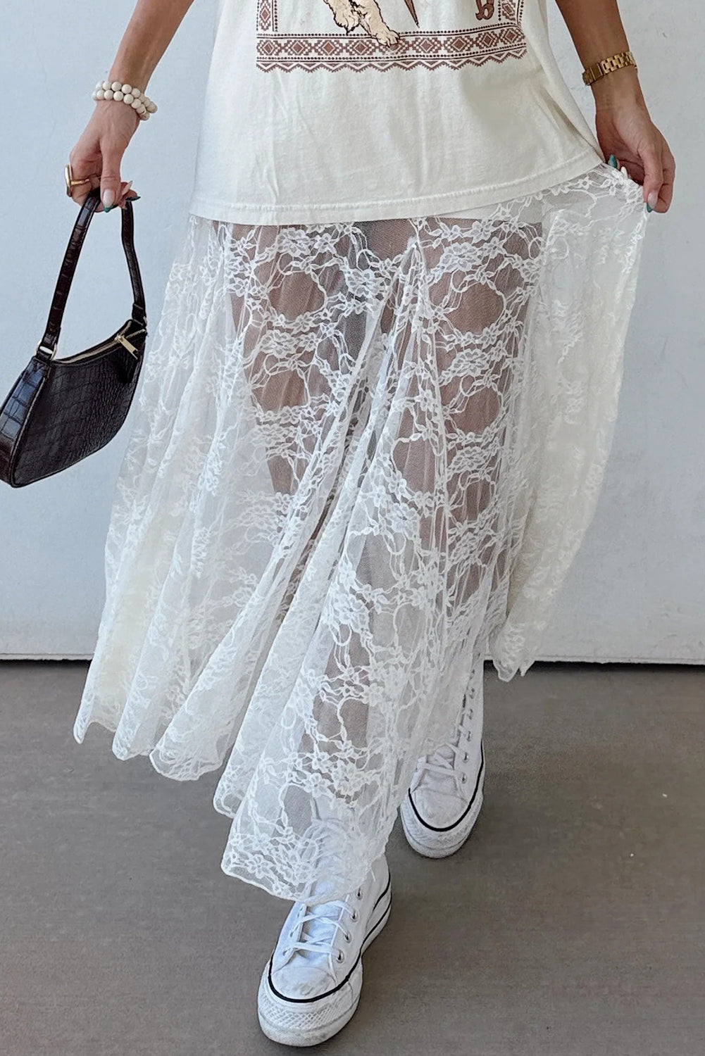 White Sheer Floral Lace Flowy Maxi Skirt