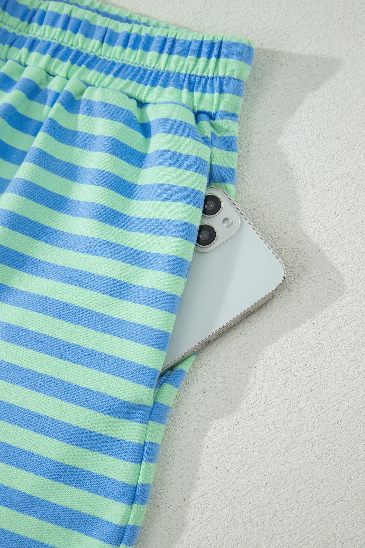 Green Stripe Striped Ribbed Cotton Two-Piece Pant Set with Chest Patch Detail-Two Piece Sets/Short Sets-[Adult]-[Female]-2022 Online Blue Zone Planet