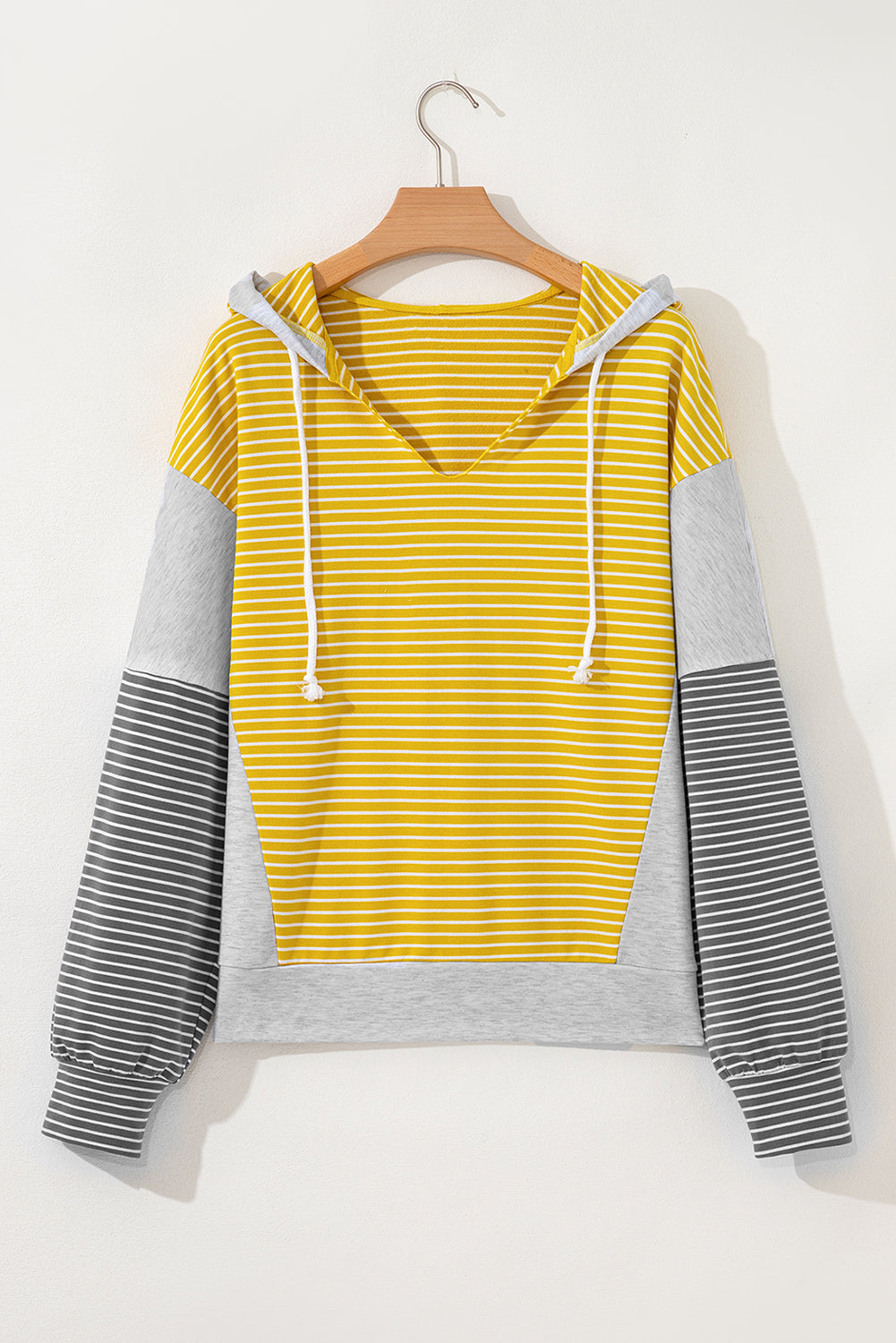 Yellow Stripe Color Block Drawstring V Neck Loose Fit Hooded Top-Tops/Sweatshirts & Hoodies-[Adult]-[Female]-2022 Online Blue Zone Planet