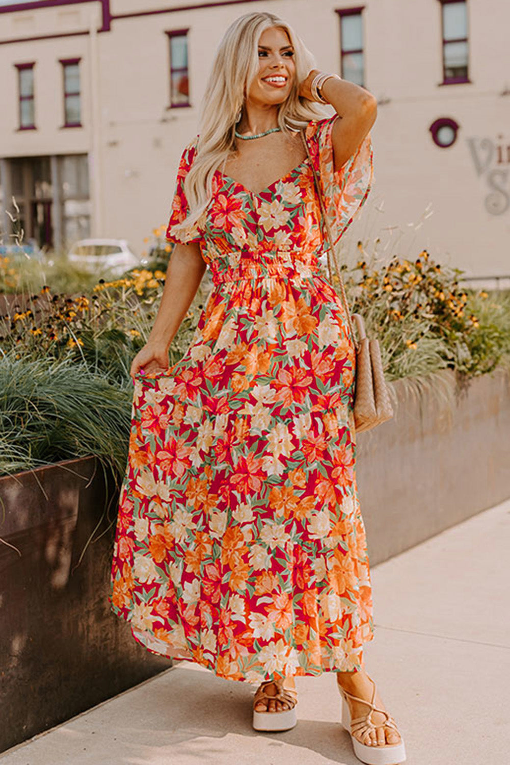 Orange Plus Size Floral V Neck Cinched Waist Maxi Dress-Plus Size Dresses-[Adult]-[Female]-2022 Online Blue Zone Planet