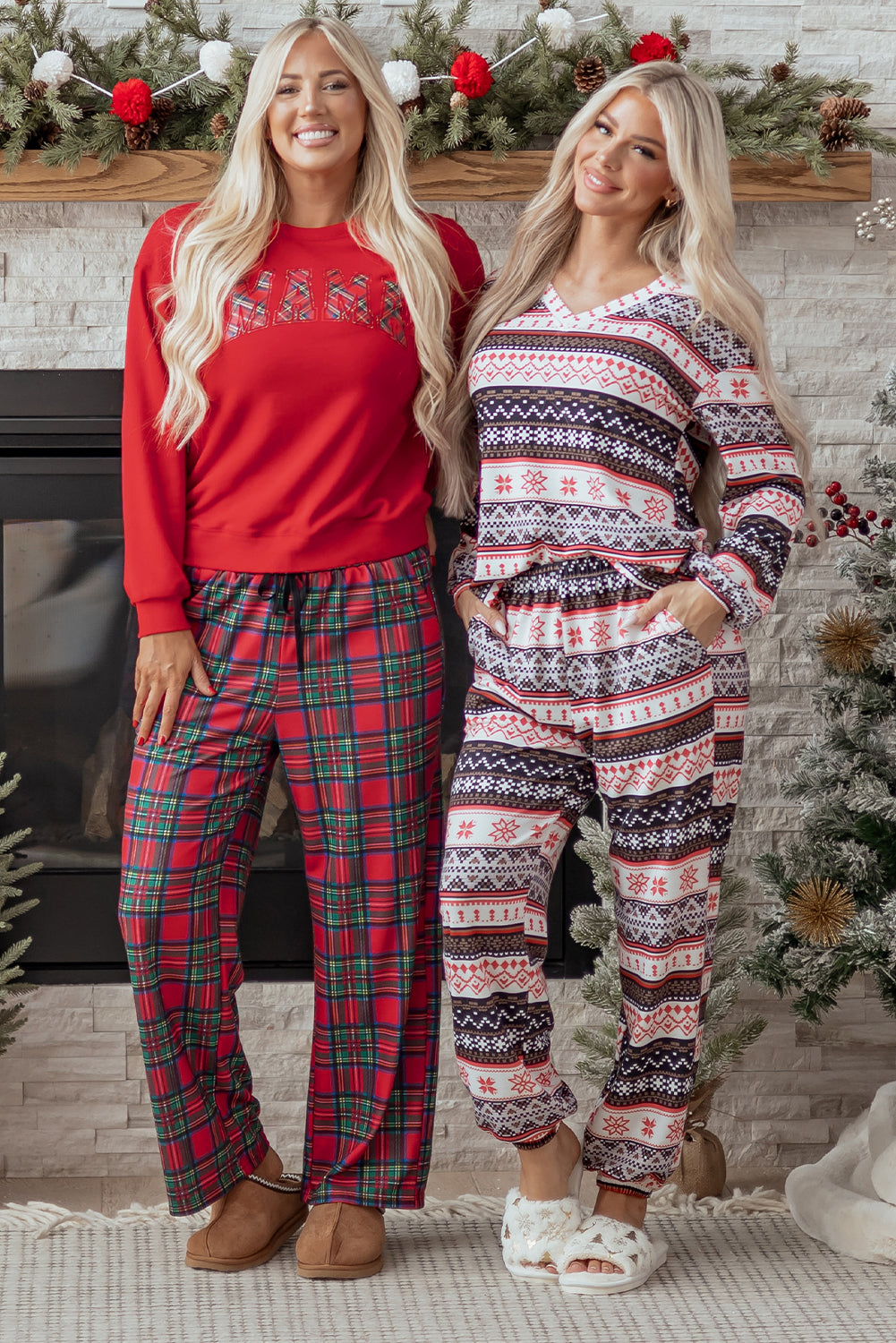 Red Plaid Mama Graphic Christmas Holiday Crewneck Pullover And Pants Two Piece Lounge Set-Loungewear & Sleepwear/Loungewear-[Adult]-[Female]-2022 Online Blue Zone Planet