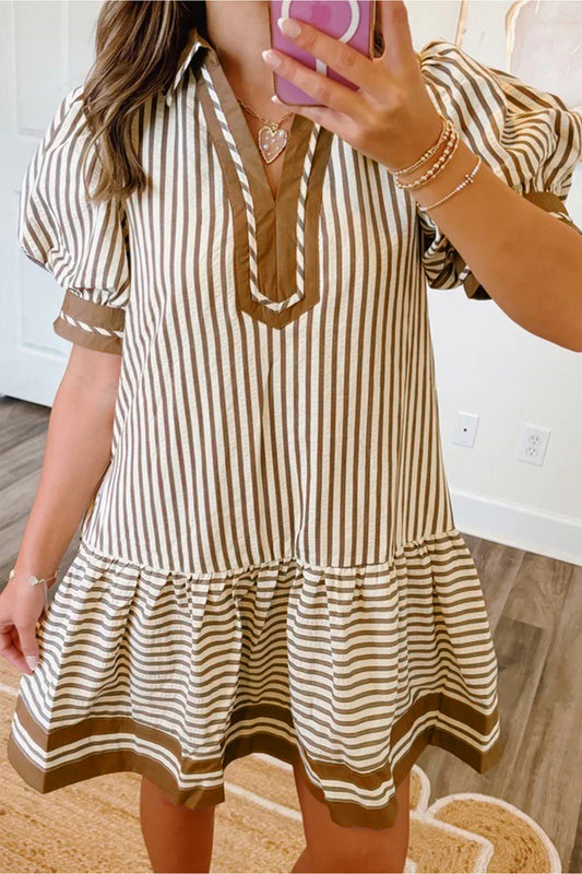 Brown Stripe Shirt Collar Color Block Patchwork Trim Ruffle Hem Short Dress-TOPS / DRESSES-[Adult]-[Female]-2022 Online Blue Zone Planet