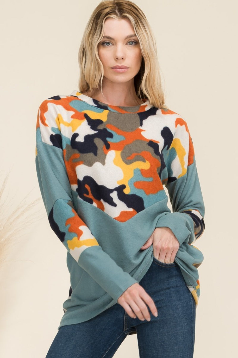 Celeste Full Size Camo Print Contrast Long Sleeve T-Shirt-TOPS / DRESSES-[Adult]-[Female]-Teal Camo-S-2022 Online Blue Zone Planet