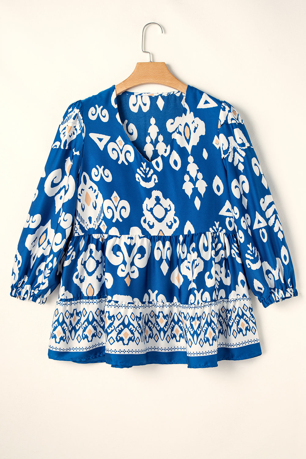 Blue Tribal Geometric Print 3/4 Sleeve Flowy Fit Blouse-Tops/Blouses & Shirts-[Adult]-[Female]-2022 Online Blue Zone Planet