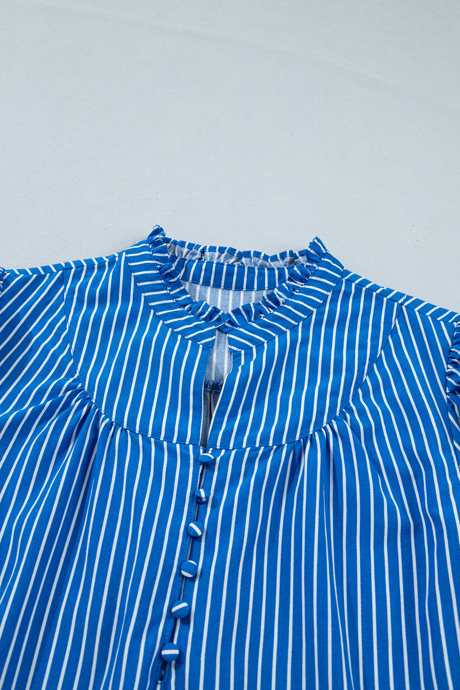 Blue Stripe Ruffled Short Puff Sleeve Button Front Blouse-Tops/Blouses & Shirts-[Adult]-[Female]-2022 Online Blue Zone Planet