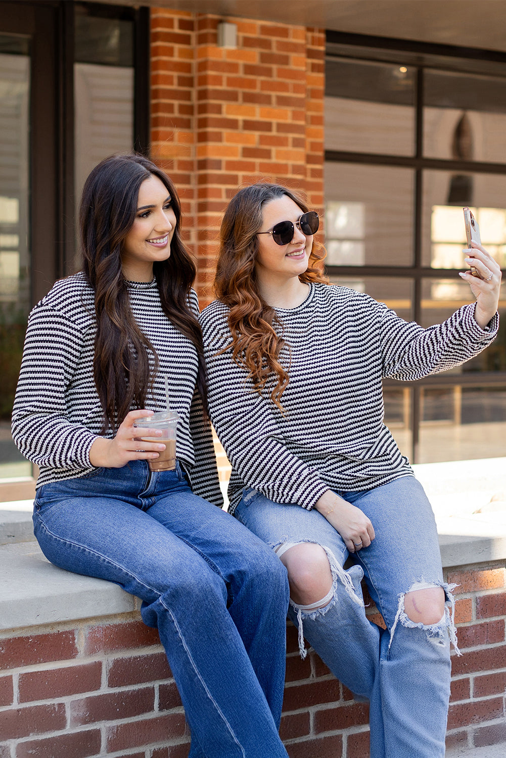 Rose Stripe Round Neck Drop Shoulder Long Sleeve Top-Tops/Long Sleeve Tops-[Adult]-[Female]-2022 Online Blue Zone Planet