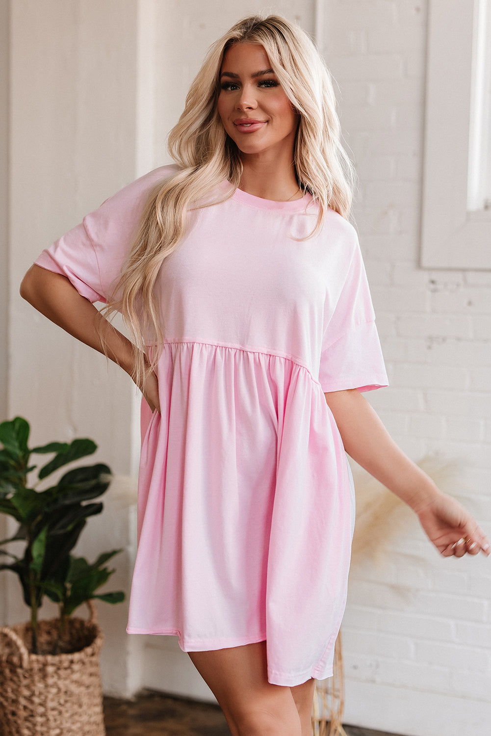 Light Pink Solid Color Pocketed Raw Edge Babydoll Dress-TOPS / DRESSES-[Adult]-[Female]-2022 Online Blue Zone Planet