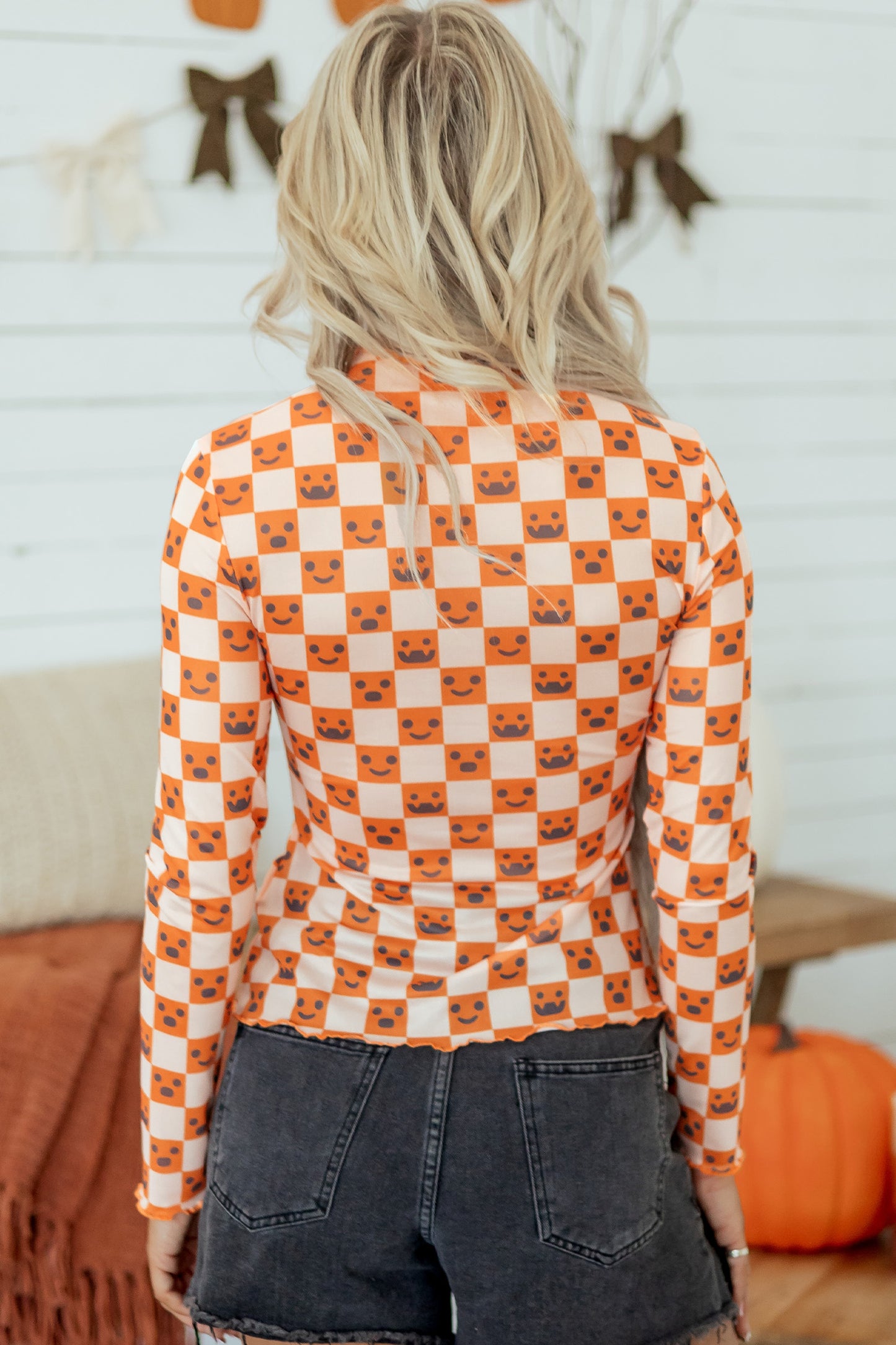 Orange Abstract Halloween Pattern Long Sleeve Stand Neck Shift Blouse