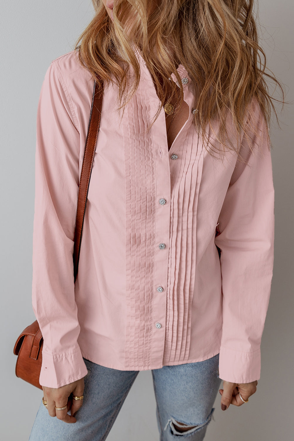 Light Pink Pleated Button-Up Loose Fit Casual Shirt-Tops/Blouses & Shirts-[Adult]-[Female]-2022 Online Blue Zone Planet