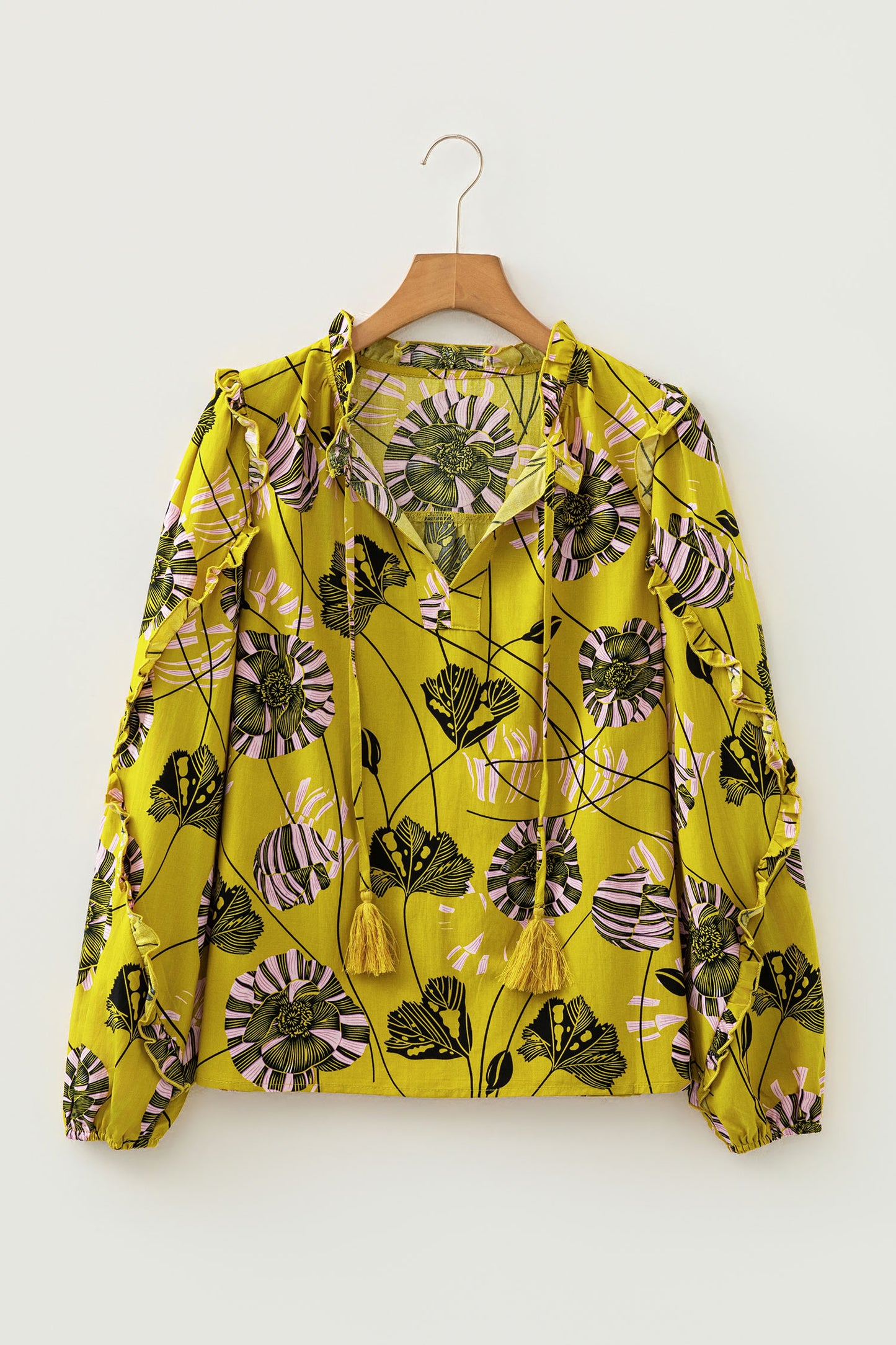 Yellow Vintage Floral V Neck Ruffle Trim Long Sleeve Blouse-Tops/Blouses & Shirts-[Adult]-[Female]-2022 Online Blue Zone Planet