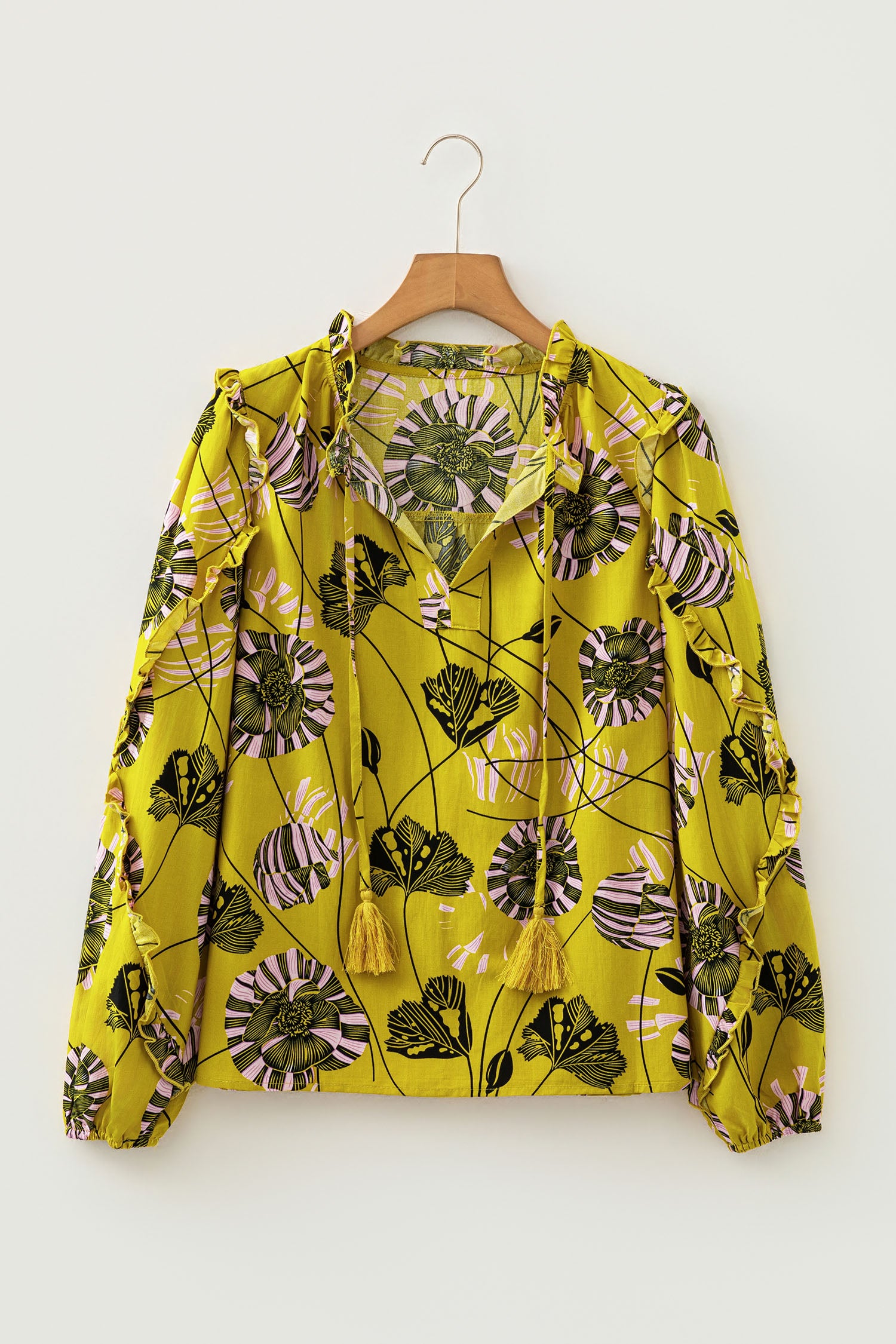 Yellow Vintage Floral V Neck Ruffle Trim Long Sleeve Blouse-Tops/Blouses & Shirts-[Adult]-[Female]-2022 Online Blue Zone Planet