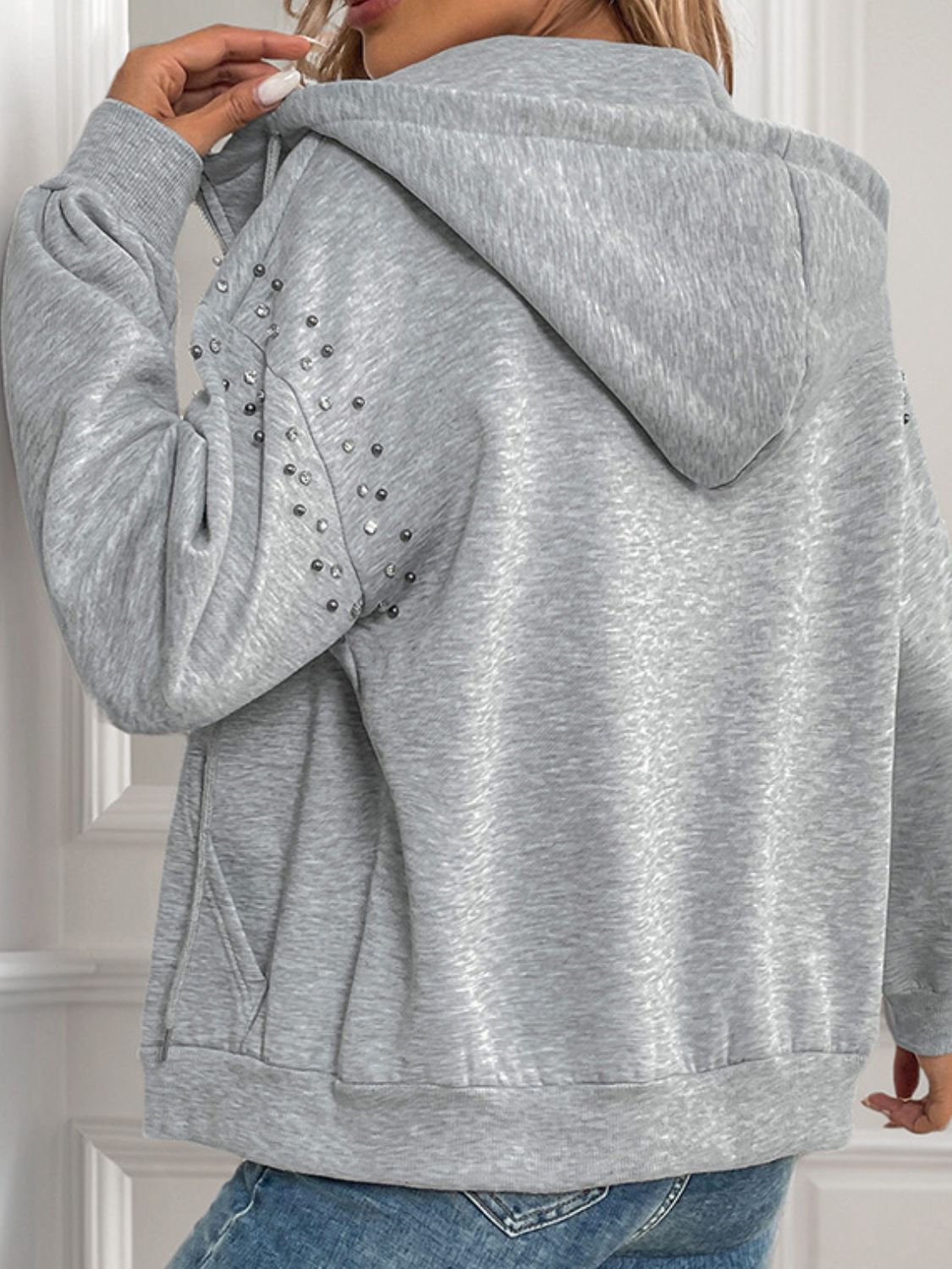 Perfee Rhinestone Zip Up Long Sleeve Hoodie-TOPS / DRESSES-[Adult]-[Female]-2022 Online Blue Zone Planet