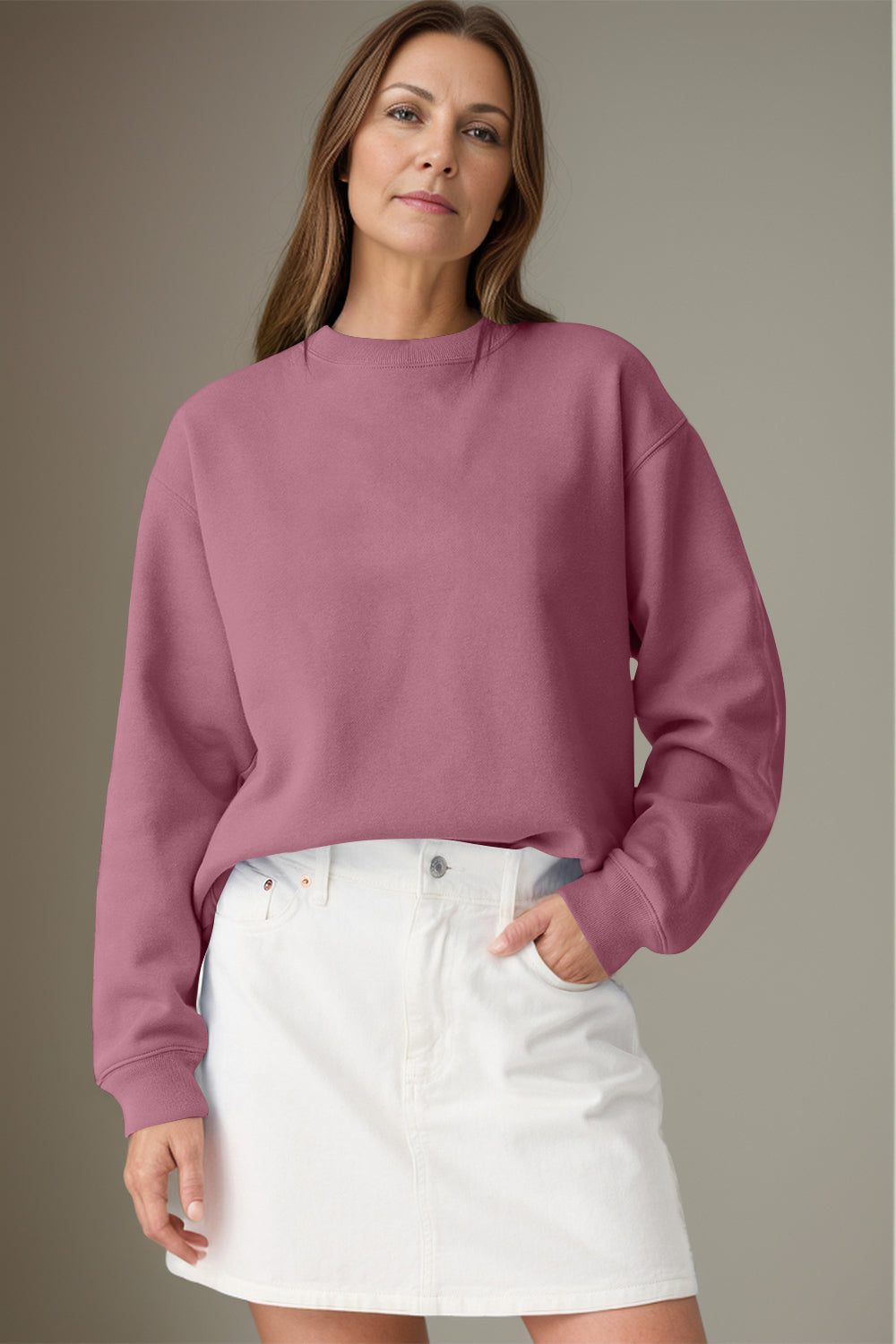 Blue Zone Planet | Round Neck Long Sleeve Sweatshirt-TOPS / DRESSES-[Adult]-[Female]-Dusty Pink-S-2022 Online Blue Zone Planet