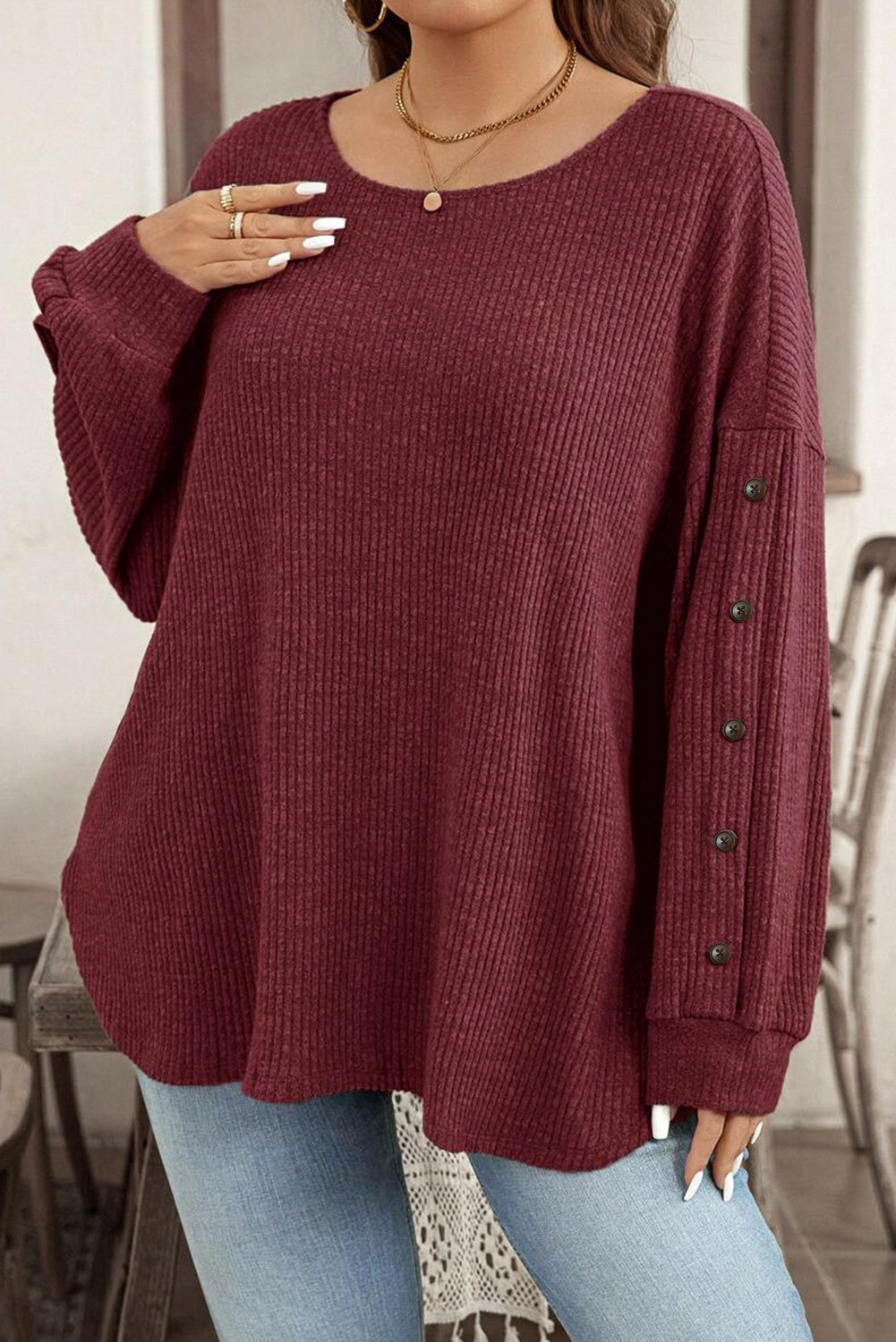 Wild Ginger Plus Size Ribbed Button Decor Long Sleeve Loose Top-Plus Size/Plus Size Tops/Plus Size Long Sleeve Tops-[Adult]-[Female]-2022 Online Blue Zone Planet