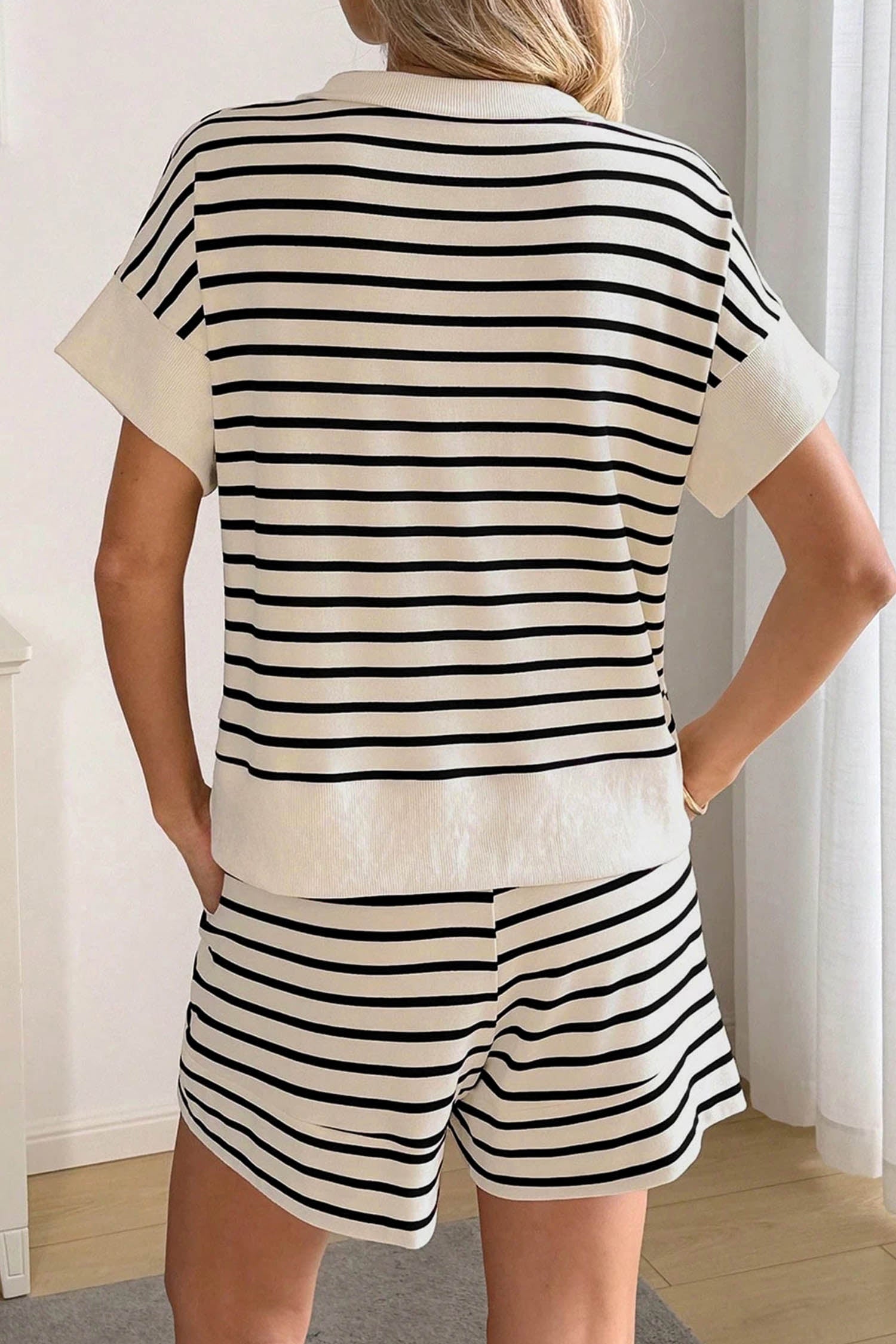 Black Stripe Ribbed Color Block Trim Zip Polo Tee Drawstring Shorts 2pcs Outfit-Two Piece Sets/Short Sets-[Adult]-[Female]-2022 Online Blue Zone Planet