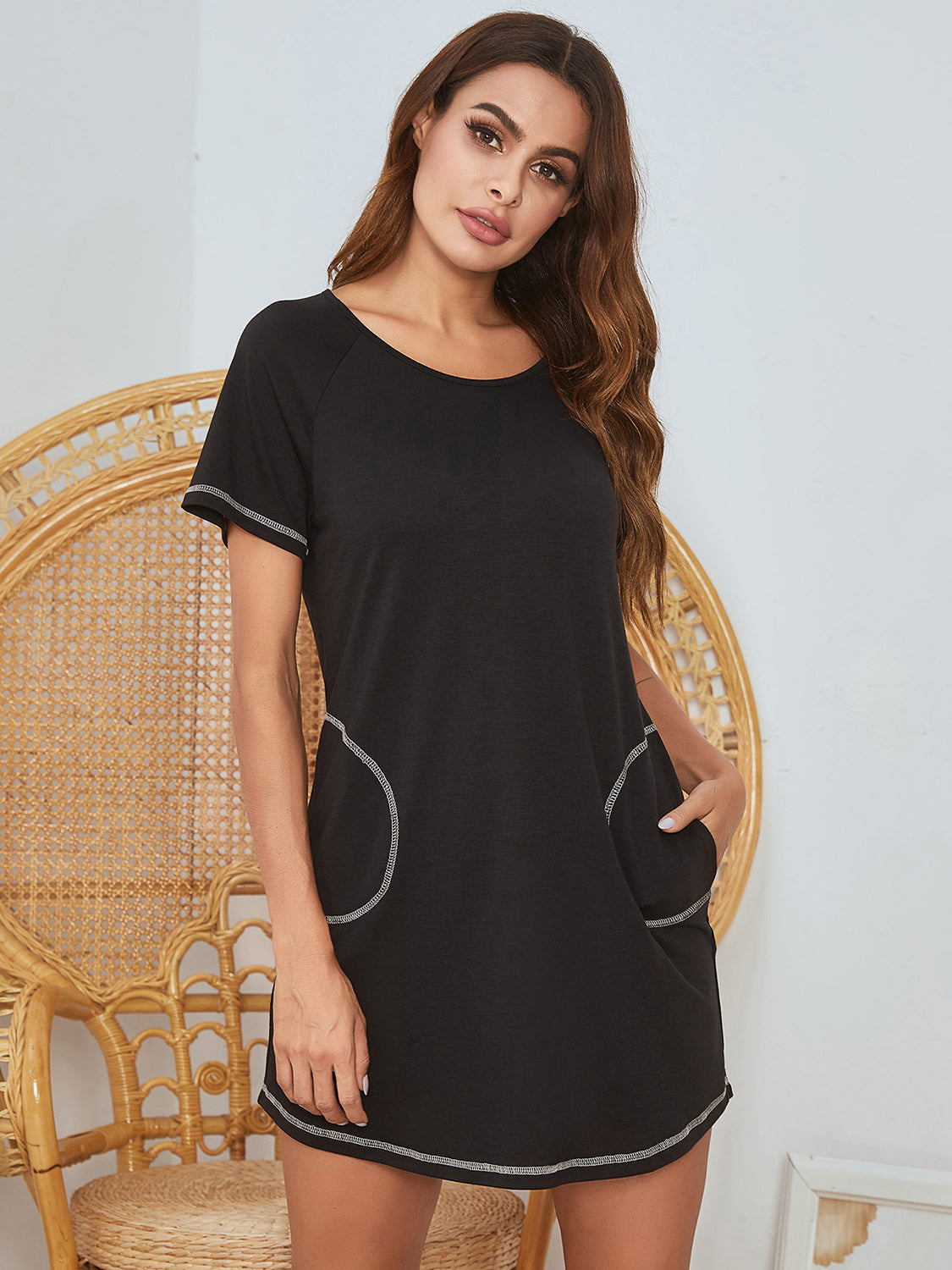 Round Neck Short Sleeve Lounge Dress-TOPS / DRESSES-[Adult]-[Female]-2022 Online Blue Zone Planet