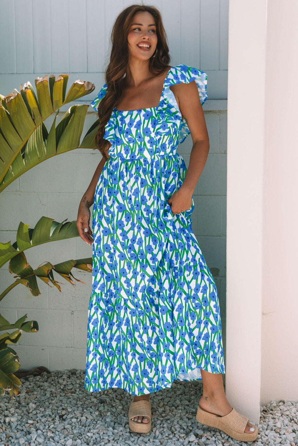 Blue Floral Print Square Neck Ruffled Strap Maxi Dress-TOPS / DRESSES-[Adult]-[Female]-2022 Online Blue Zone Planet