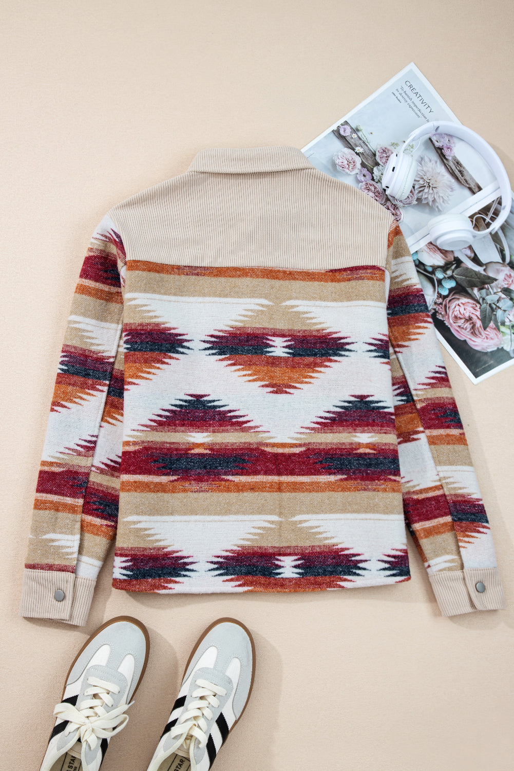 Multicolour Western Aztec Striped Patchwork Double Flap Pocket Raw Hem Shacket-Outerwear/Jackets-[Adult]-[Female]-2022 Online Blue Zone Planet