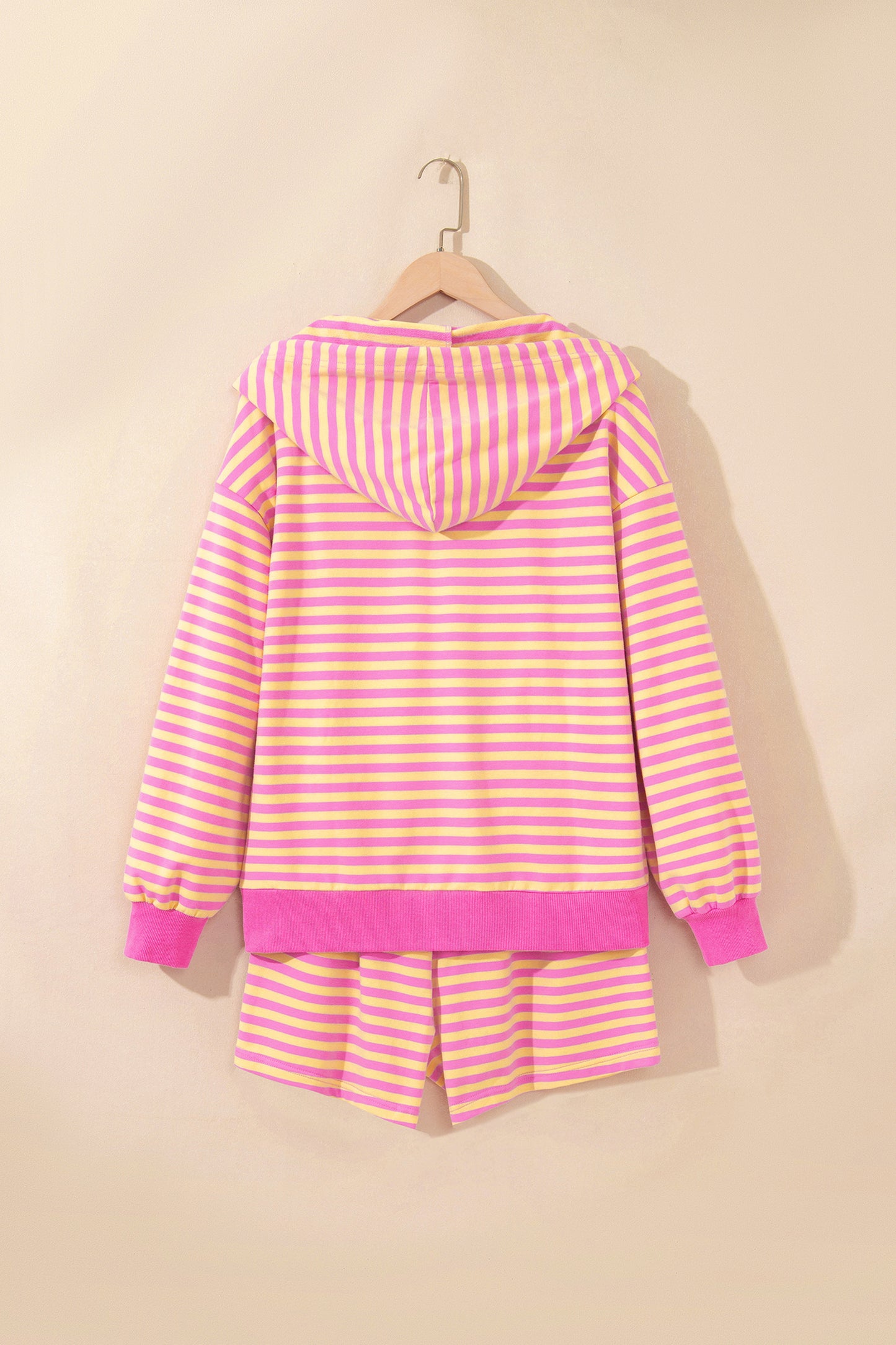 Rose Red Striped Long Sleeve Zip-Up Hoodie Drawstring Elastic Waist 2pcs Short Set-Two Piece Sets/Short Sets-[Adult]-[Female]-2022 Online Blue Zone Planet