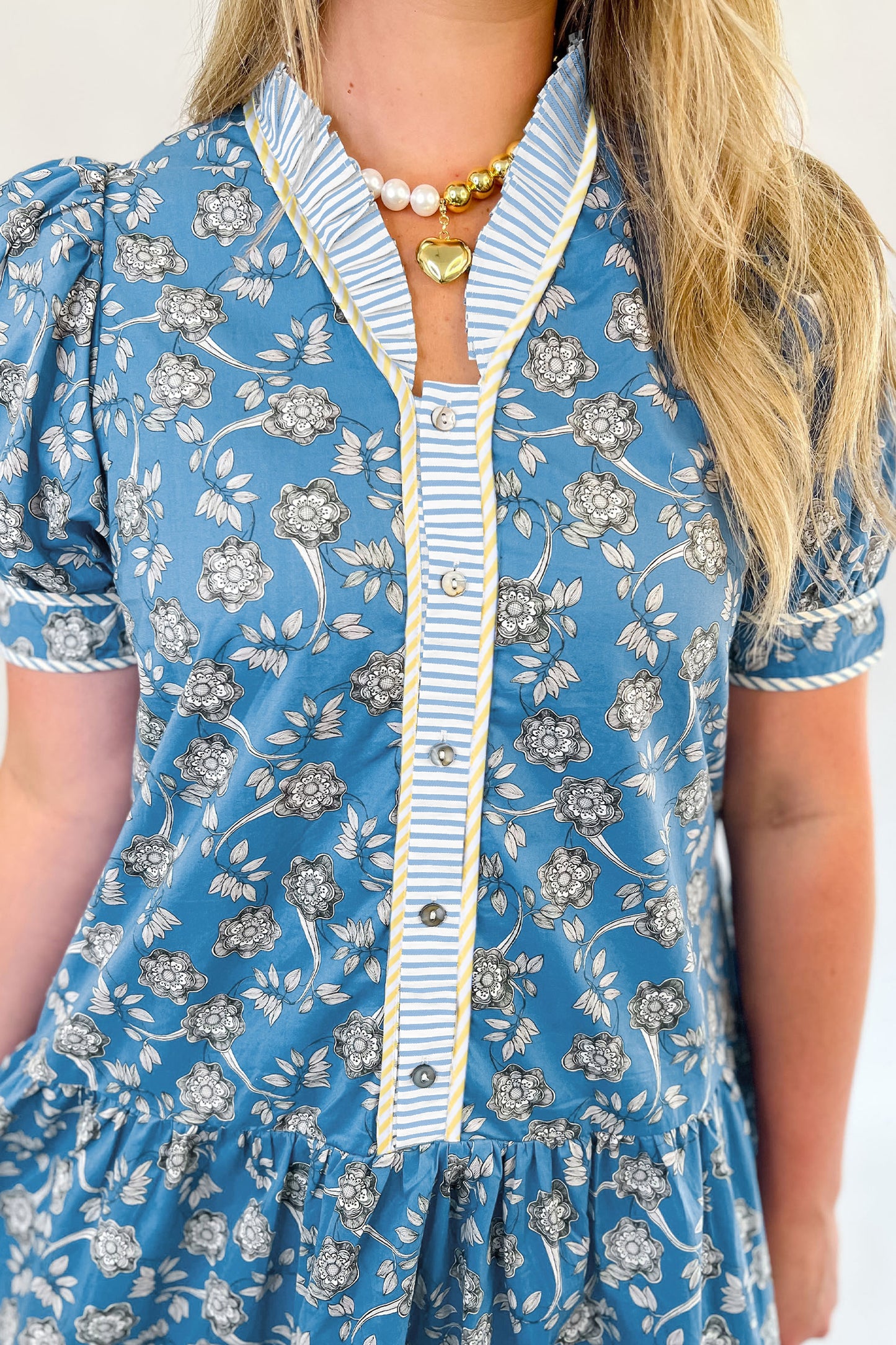 Blue Plus Size Floral Print Striped Patchwork Detail Button Front Ruffle Hem Dress-Plus Size/Plus Size Dresses/Plus Size Mini Dresses-[Adult]-[Female]-2022 Online Blue Zone Planet