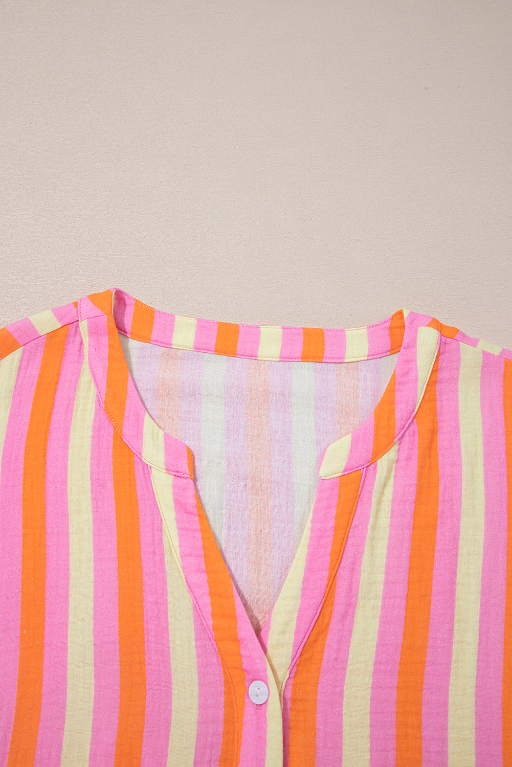 Pink Stripe Crinkled Half Buttons V Neck Plus Size Blouse-Plus Size/Plus Size Tops/Plus Size Blouses & Shirts-[Adult]-[Female]-2022 Online Blue Zone Planet
