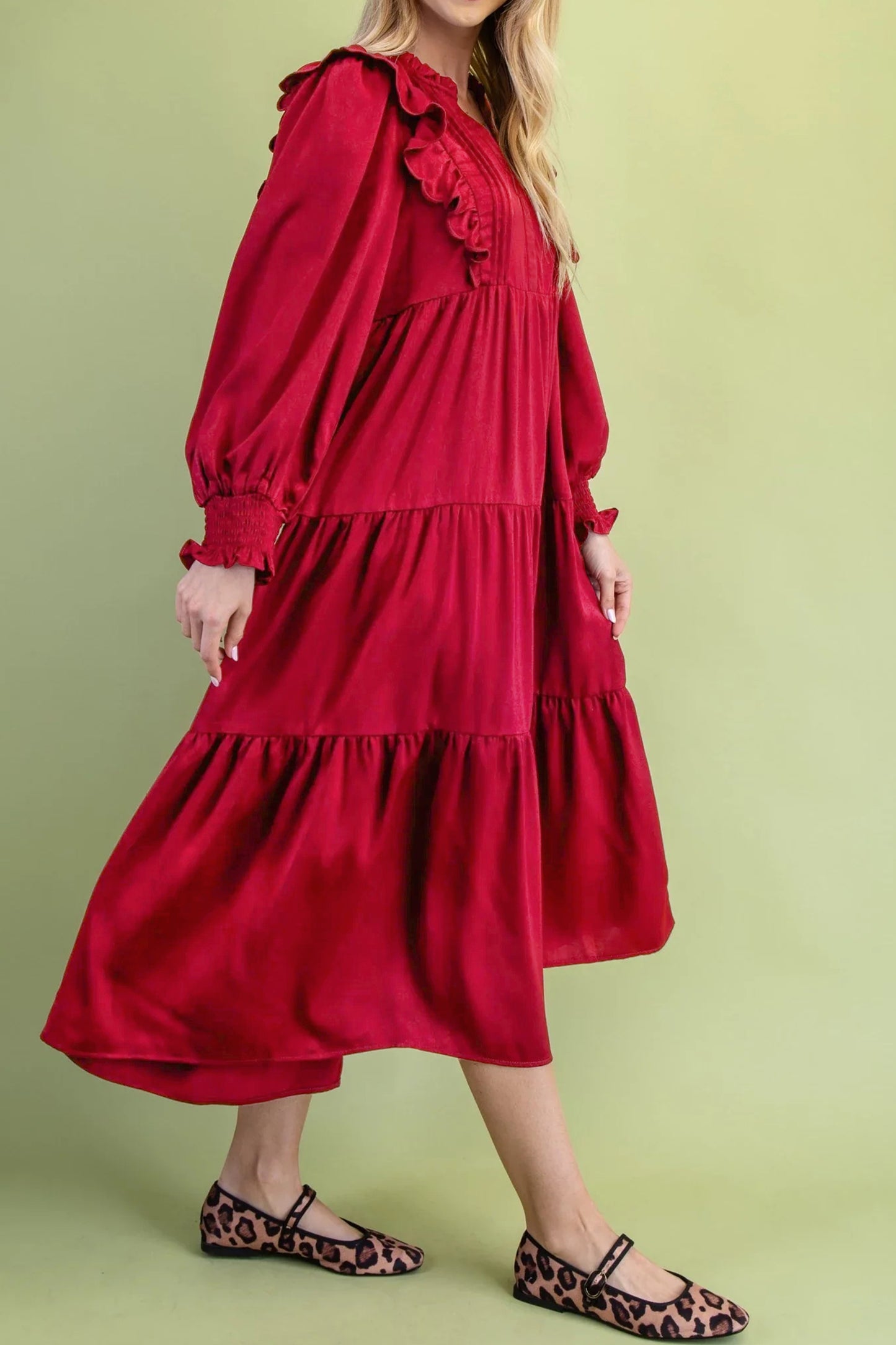 Racing Red Solid Color Ruffle Trim Long Sleeve Tiered Shift Midi Dress-Dresses/Midi Dresses-[Adult]-[Female]-2022 Online Blue Zone Planet