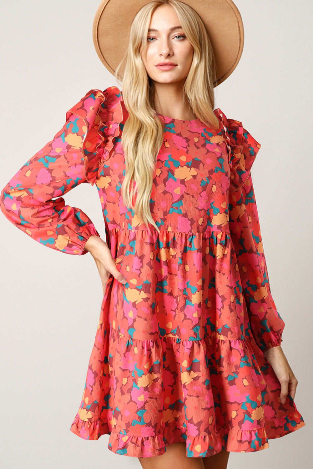 Blue Zone Planet |  Rose Red Ruffle Shoulder Long Sleeve Floral Mini Dress