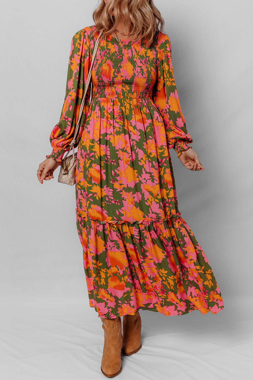 Orange Floral Puff Sleeve Smocked Bodice Ruffled Long Dress-TOPS / DRESSES-[Adult]-[Female]-2022 Online Blue Zone Planet