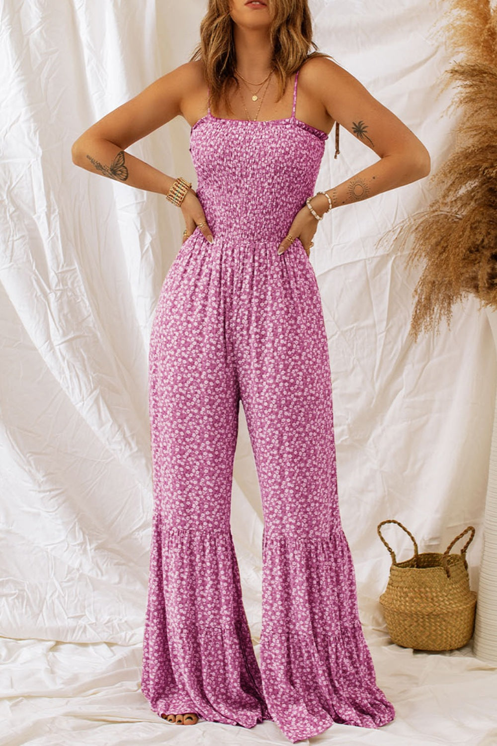 Smocked Printed Wide Strap Jumpsuit-TOPS / DRESSES-[Adult]-[Female]-2022 Online Blue Zone Planet