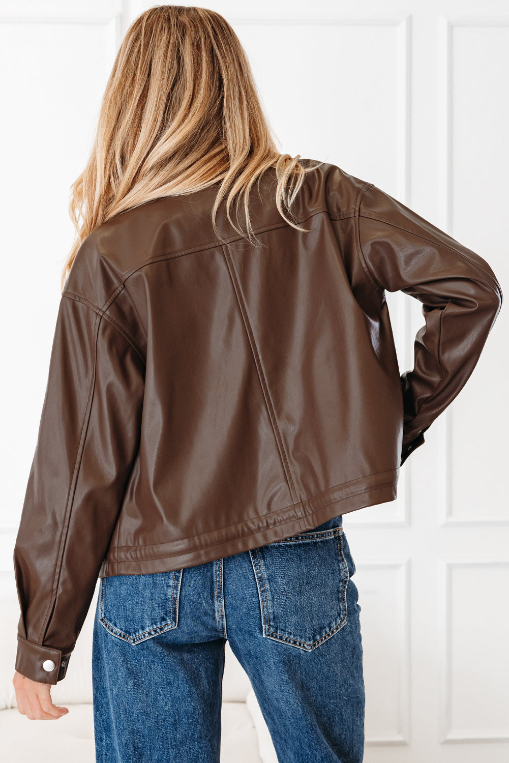 Chicory Coffee Double Flap Pocket Drawstring Hem Leather Jacket-Outerwear/Jackets-[Adult]-[Female]-2022 Online Blue Zone Planet