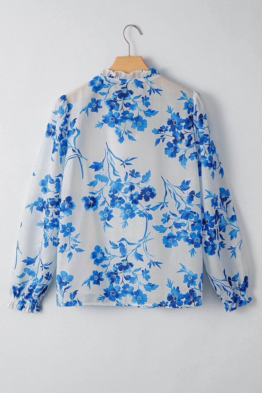 Blue Floral Long Sleeve Lace-Up V Neck Blouse-Tops/Blouses & Shirts-[Adult]-[Female]-2022 Online Blue Zone Planet