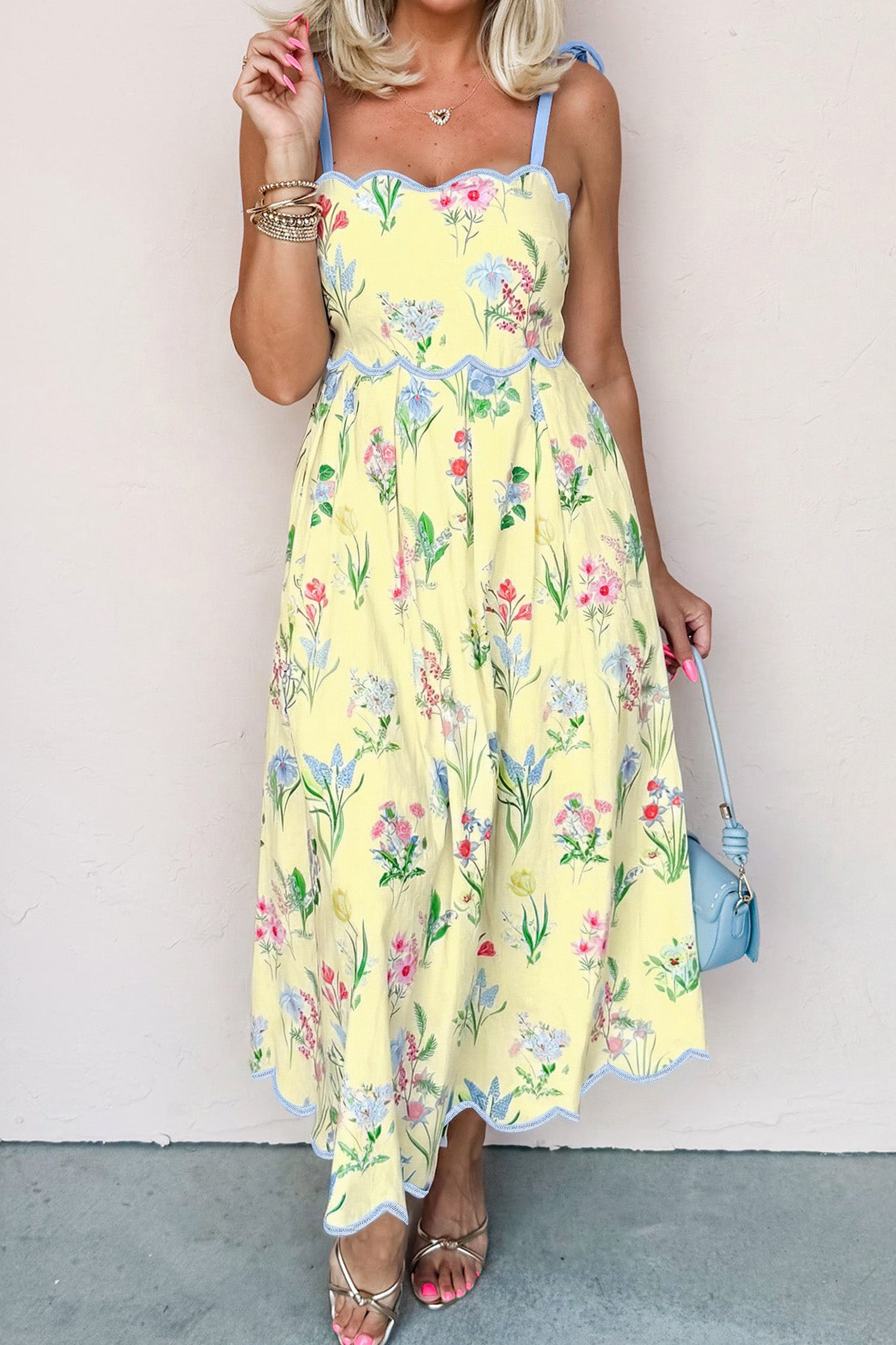 Beige Floral Print Contrast Trim Self-tie Straps High Waist Midi Dress-Dresses/Floral Dresses-[Adult]-[Female]-2022 Online Blue Zone Planet