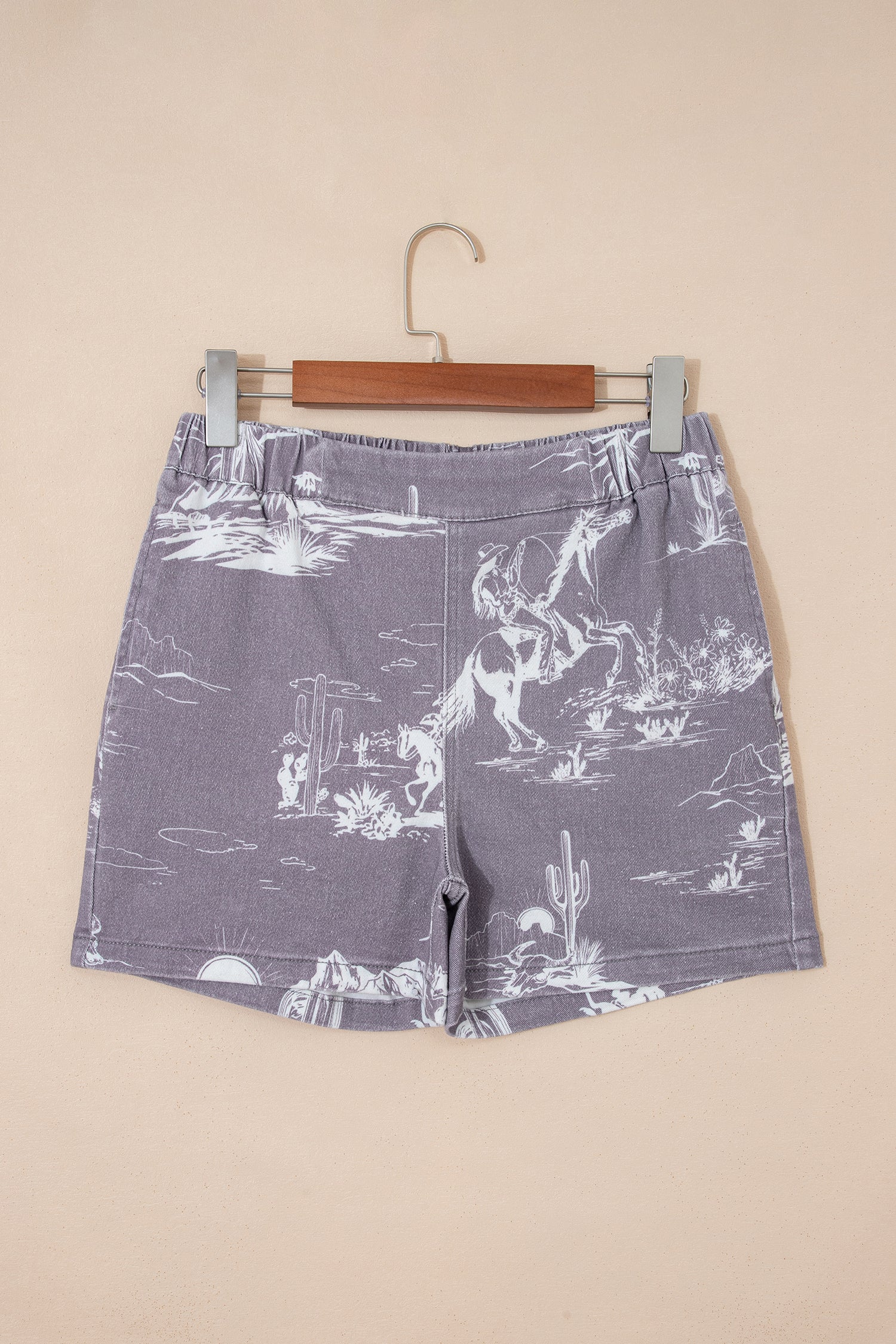 Gray Western Print Elastic Waist Cotton Denim Shorts-Bottoms/Denim Shorts-[Adult]-[Female]-2022 Online Blue Zone Planet